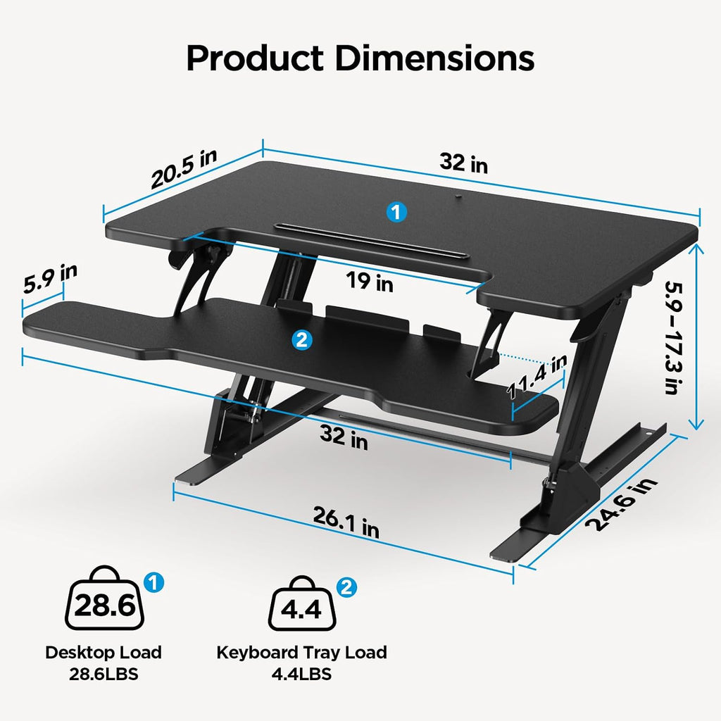 HUANUO 32' Z Shaped Stable Standing Desk Converter, Height Adjustable Sit Stand Up Desk Riser, Dual Monitor and Laptop Workstation with Wide Keyboard Tray, Desk Lifter for Home Office