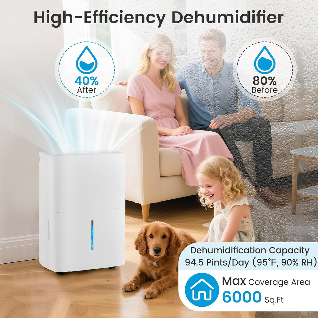 DORTALA 94.5 Pints Dehumidifier for 6000 Sq.Ft Large Rooms, Basement, Bathroom, Home Dehumidifier with Drain Hose, 2 Modes, 24H Timer, 1.4 Gal Water Tank, Auto Defrost, White