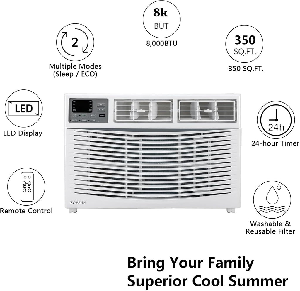 ROVSUN 8000 BTU Air Conditioner Window Unit, 3-in-1 Window AC Unit Cooler, Dehumidifier & Fan with Timer, Remote Control & Installation Kit, Cooling Rooms up to 350 Sq. Ft, 115V/60Hz