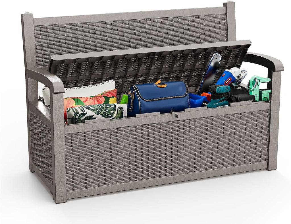 EasyUp 80 Gallon Outdoor Storage Bench Lockable Deck Box Outdoor Storage Box Waterproof for Patio,Garden,and Porch – Perfect for Storing Garden Tools and Cushions(Gray)