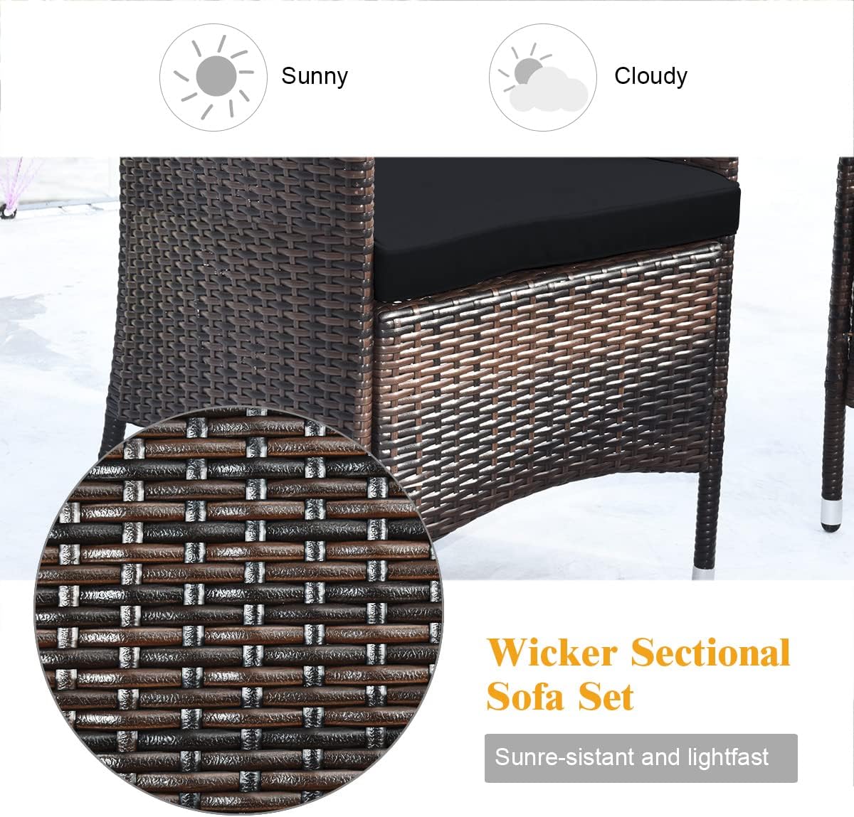 COSTWAY 8PCS Rattan Patio Furniture Set, Outdoor Wicker Rattan Chairs with Coffee Table, Rattan Cushioned Conversation Set for Backyard Balcony Porch Poolside, Black