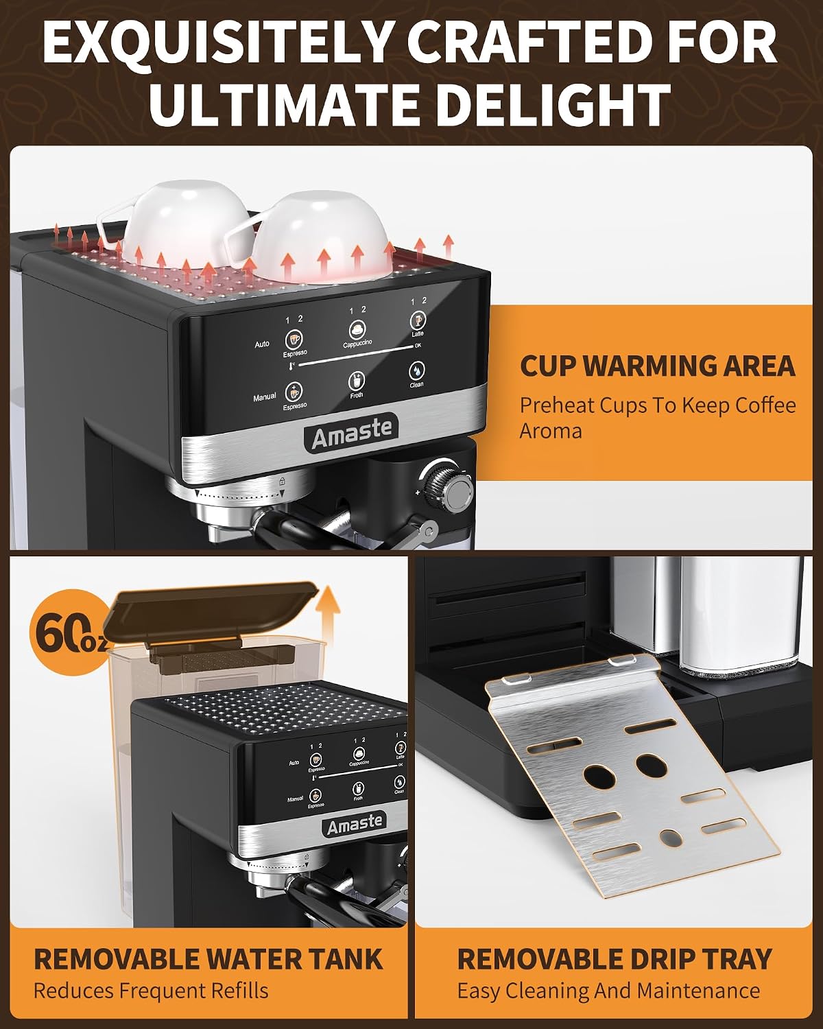 Amaste Espresso Machine, 20 Bar Cappuccino Machine With Touch Screen, Espresso Machine with Milk Frother for Home, 3-in-1 Latte Machine With Milk Tank for Espresso, Cappuccinos & Lattes, 1350W