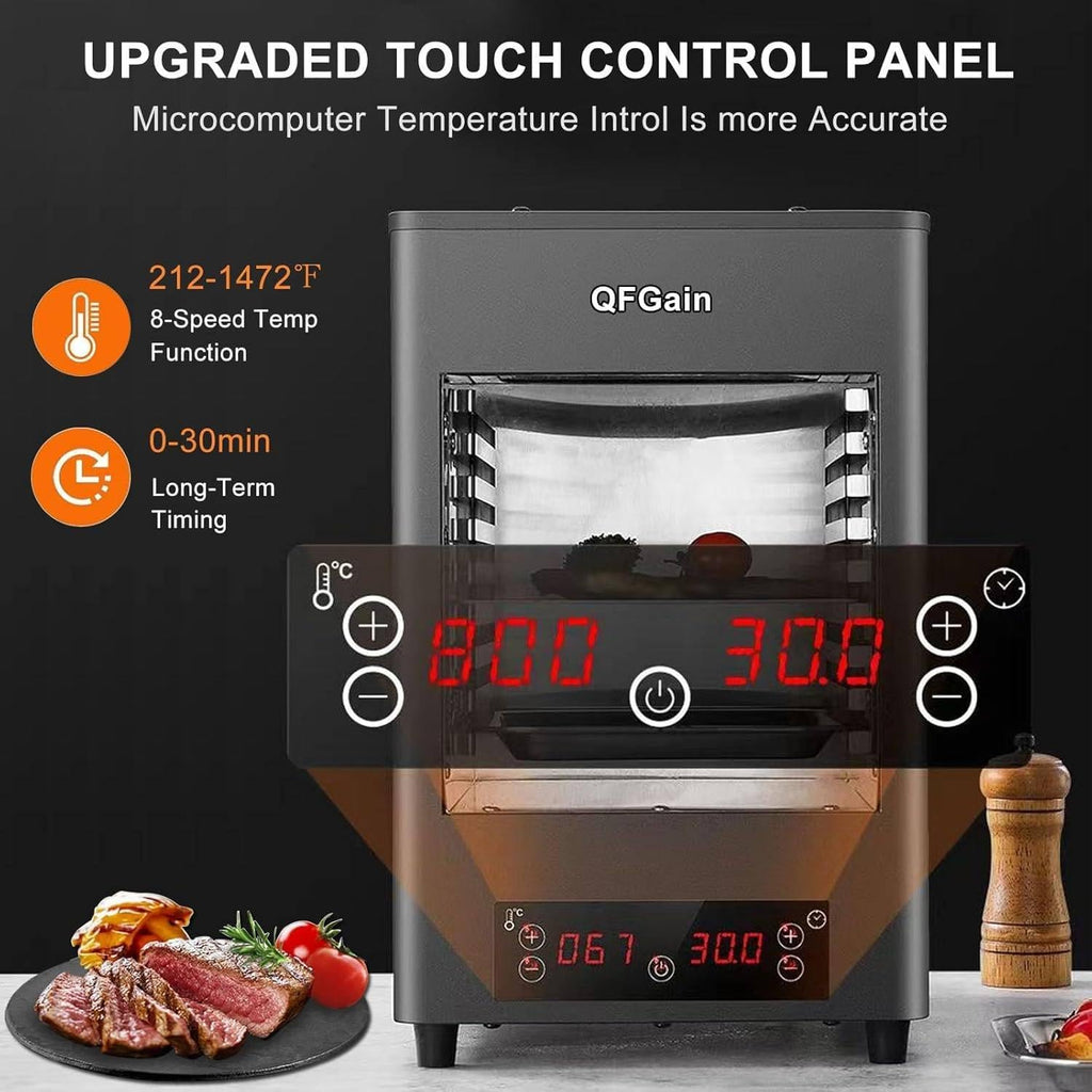 Electric Steak Grill for Indoor Use, 1700W Automatic Steak Smokeless Grill with Touch Panel - 100-800℃ Adjustable Temperature & 30Mins Timer, Countertop Oven for Beef Chicken Vegetables,A