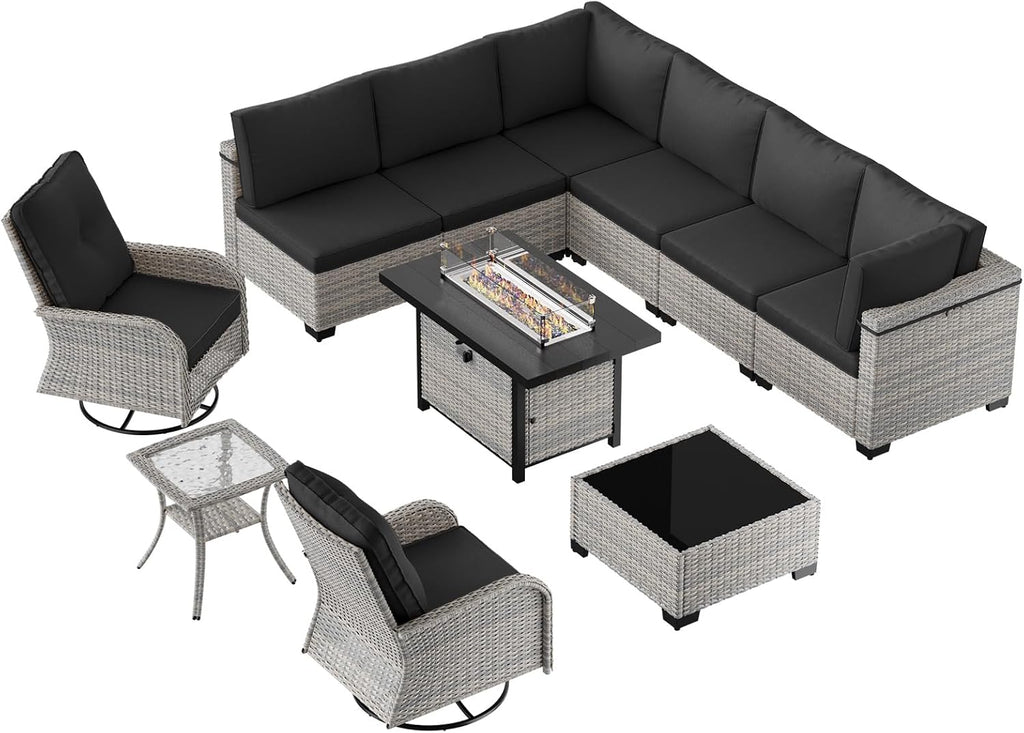 11-Piece Patio Furniture Set, Outdoor Patio Furniture with 55,000 BTU Fire Pit Table, Swivel Chairs Set, Thick Cushions, Modular Patio Sofa, Dual-Strand Wicker Rattan, Rust-Resistant Frame, Black