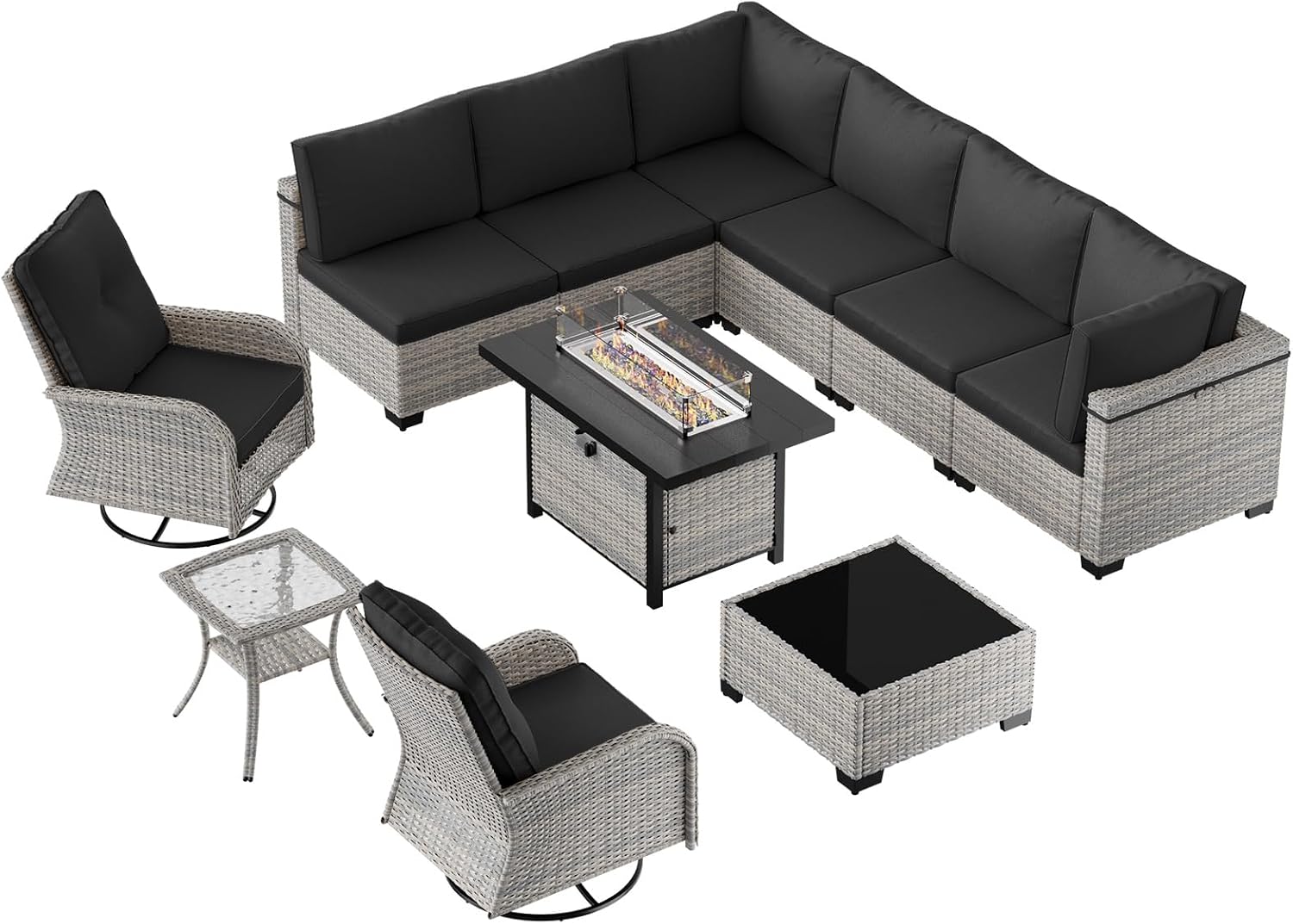 11-Piece Patio Furniture Set, Outdoor Patio Furniture with 55,000 BTU Fire Pit Table, Swivel Chairs Set, Thick Cushions, Modular Patio Sofa, Dual-Strand Wicker Rattan, Rust-Resistant Frame, Black