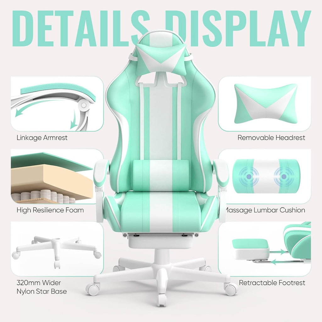Ferghana Gaming Chairs, Ergonomic Racing Style PC Game Computer Chair with Headrest Lumbar Support Adjustable Recliner PU Leather Video Computer Chair(Light Green)