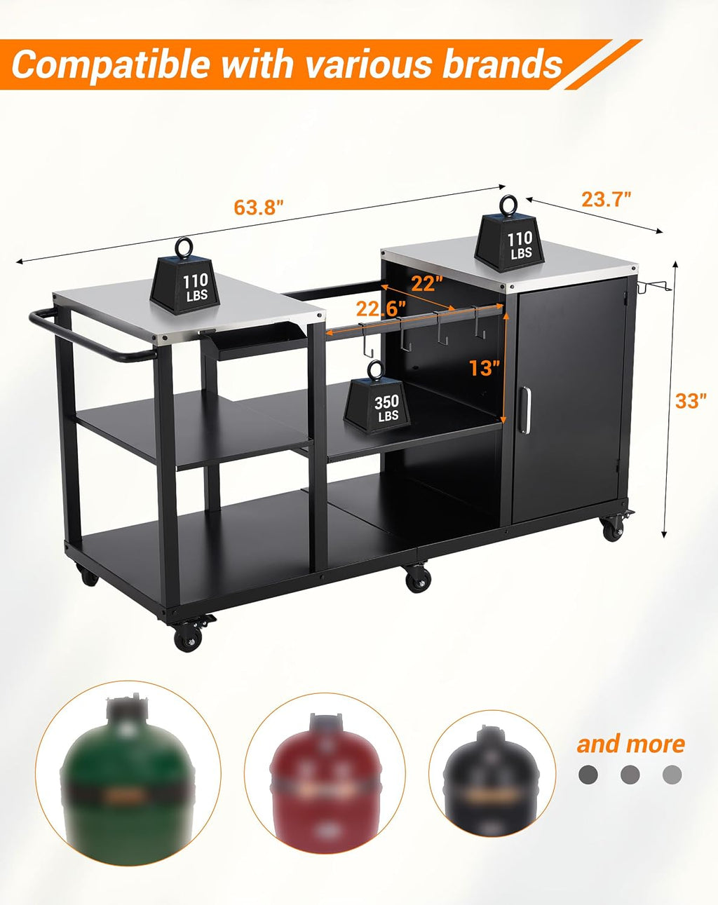 Grill Table Cart Compatible with Big Green Egg, Heavy-Duty Metal Grill Stand with Stainless Steel Side Tables, Storage Shelf, Hooks, Spice Rack, Paper Towel Holders & Garbage Bag Rack