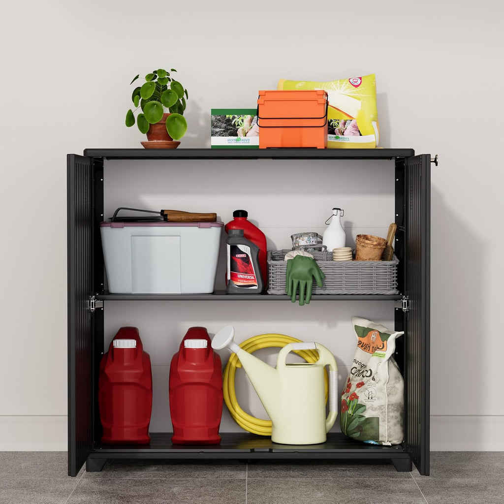 ADDOK Indoor Outdoor Plastic Storage Cabinet 34'x15'x34' with 1 Shelf, Outdoor Storage Shed for Living Room, Hallway, Balcony, Garage, Garden,Black
