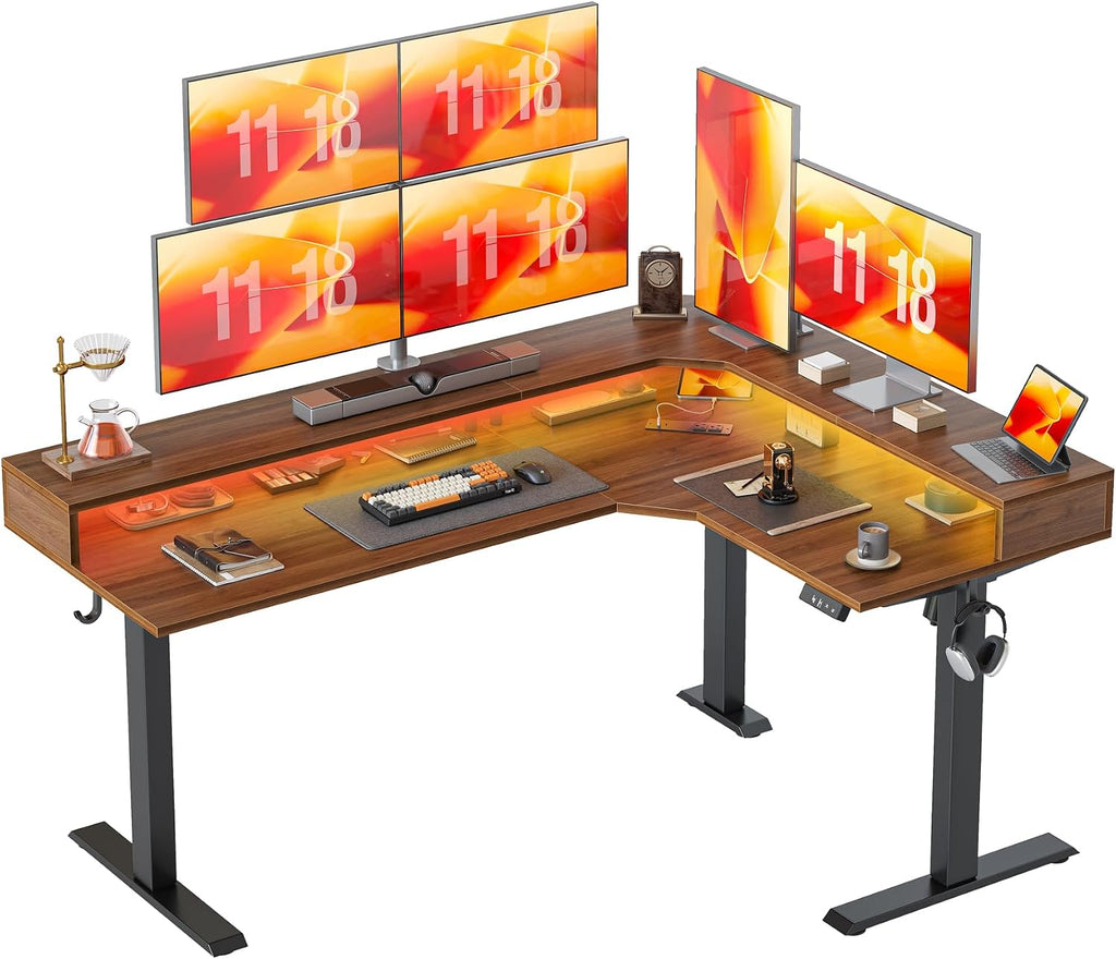TIQLAB 63'' L-Shaped Standing Desk with LED Light Strip and Power Outlet, Height Adjustable Corner Table with Ergonomic Monitor Stand, Black Walnut