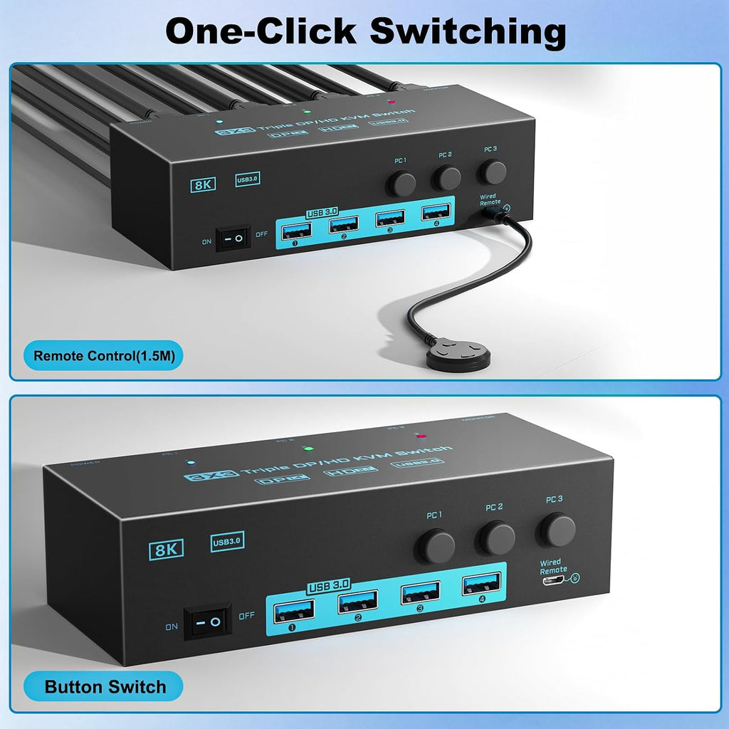 8K/4K KVM Switch 3 Monitors 3 Computers Triple Monitor 3 Port 2 Displayport 1.4 and HDMI 2.1 USB 3.0 KVM Switches, DP 1.4 Supports 8K@30Hz/4K@144Hz, HDMI Supports 8K@60Hz /4K@120Hz with Wired Remote