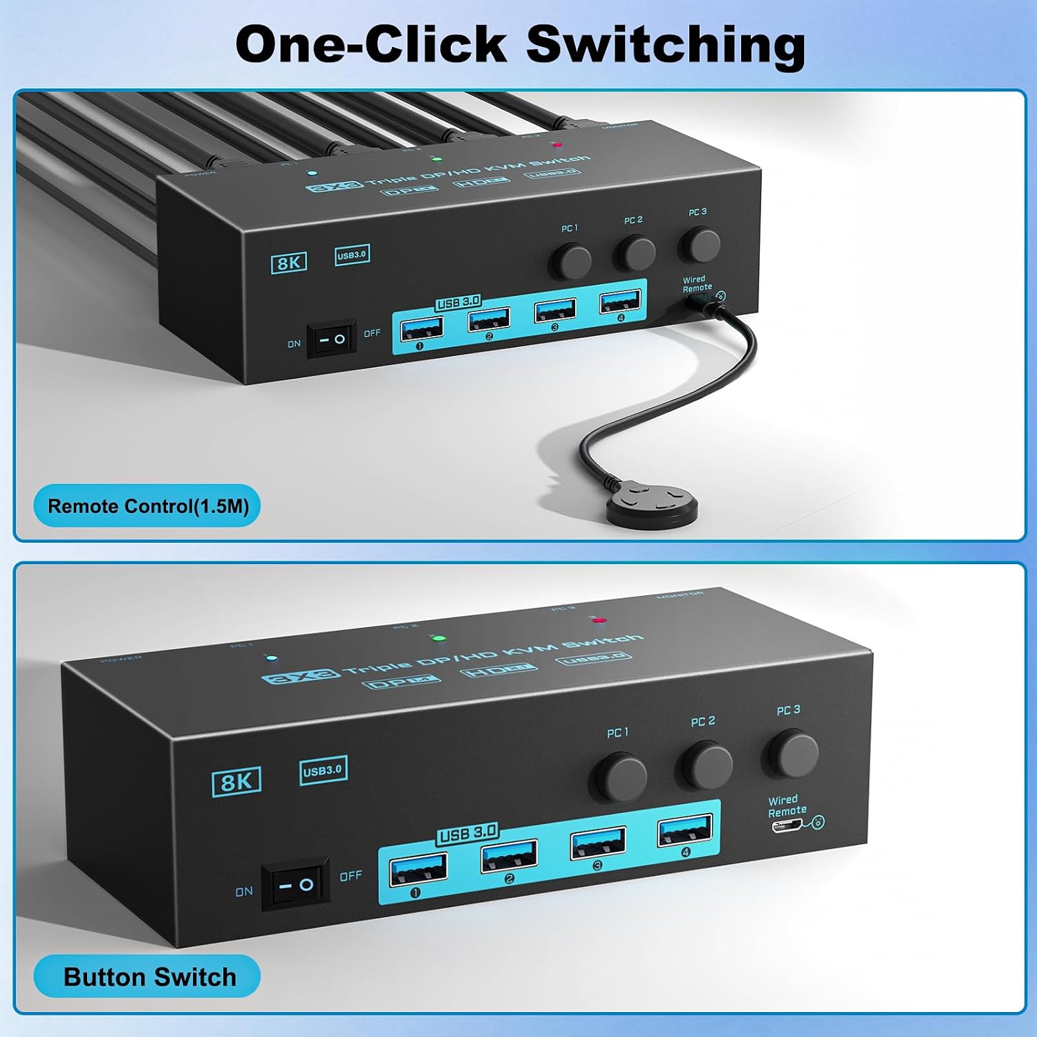 8K/4K KVM Switch 3 Monitors 3 Computers Triple Monitor 3 Port 2 Displayport 1.4 and HDMI 2.1 USB 3.0 KVM Switches, DP 1.4 Supports 8K@30Hz/4K@144Hz, HDMI Supports 8K@60Hz /4K@120Hz with Wired Remote