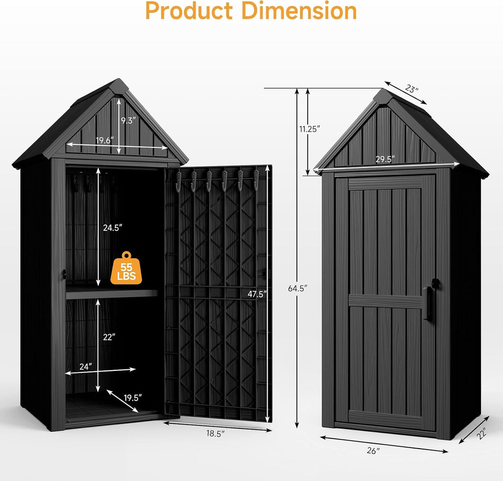 Outdoor Resin Storage Shed, Outdoor Storage Cabinet Waterproof with Hooks and Lock Ring, Multifunctional Storage Shed with Floor and Removable Shelves, All Weather Tool Shed for Patio, Lawn, Gray