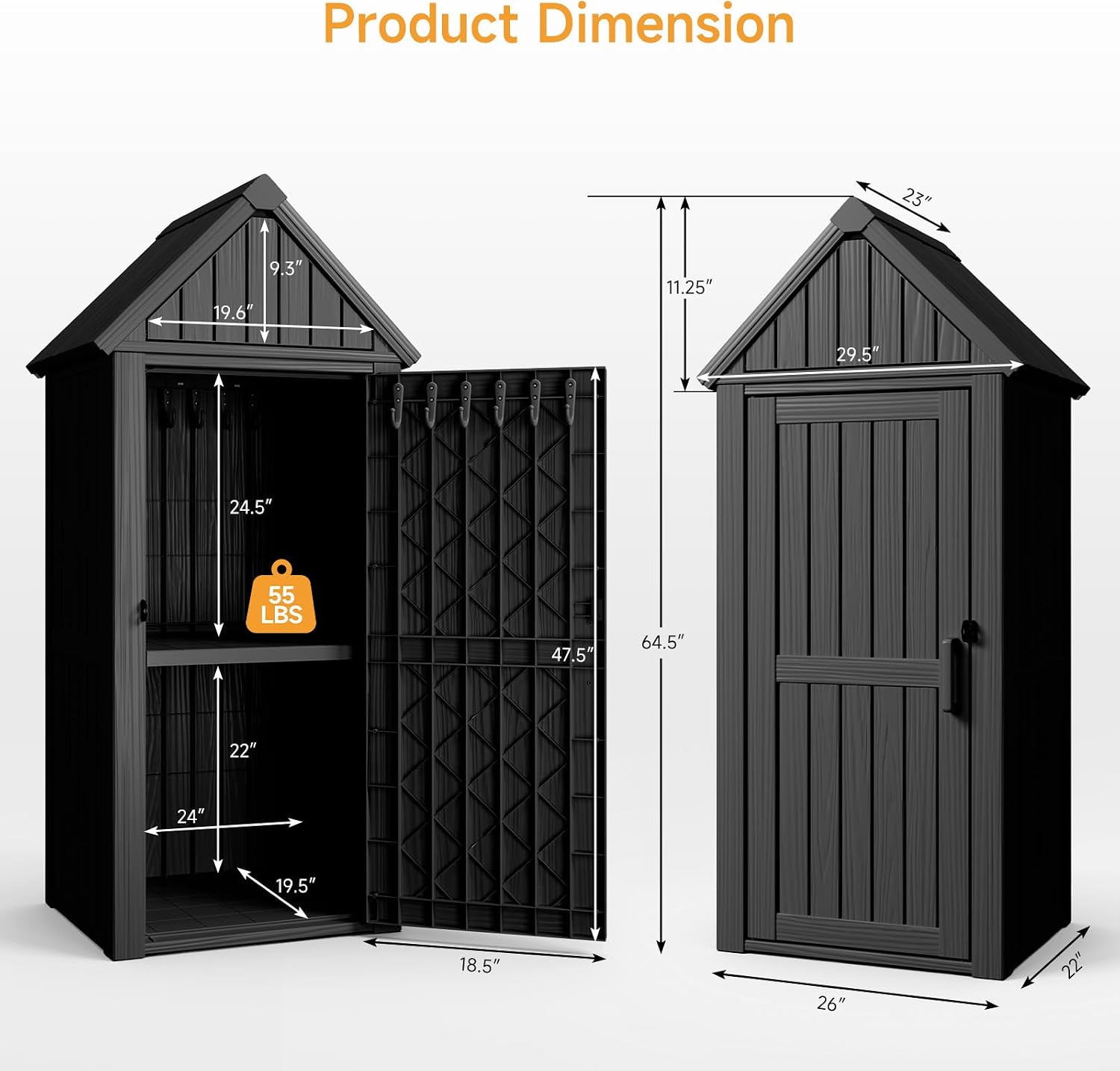 Outdoor Resin Storage Shed, Outdoor Storage Cabinet Waterproof with Hooks and Lock Ring, Multifunctional Storage Shed with Floor and Removable Shelves, All Weather Tool Shed for Patio, Lawn, Gray