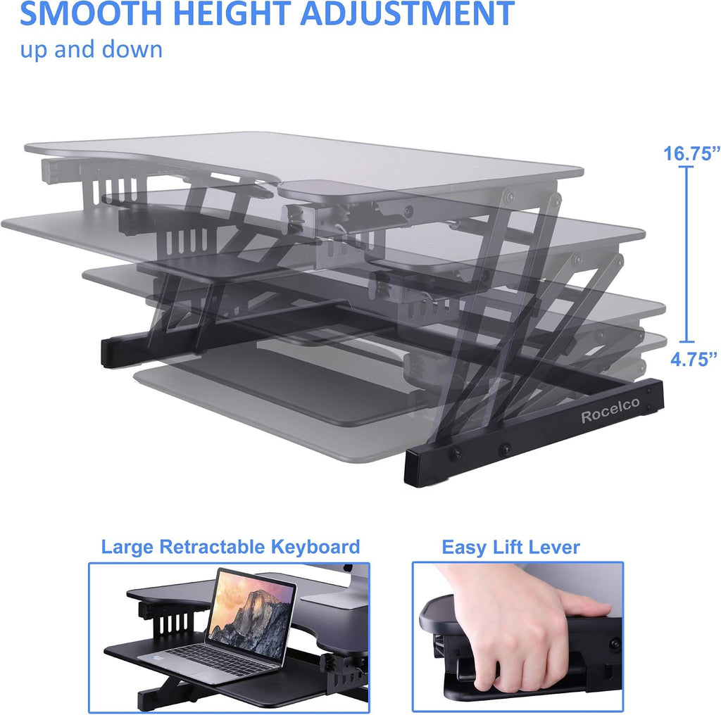 Rocelco 32' Height Adjustable Standing Desk Converter - Slide Out Retractable Keyboard Tray - Sit Stand Up Double Monitor Riser - Dual Piston Lift Assist Tabletop Computer Workstation - Black (R ADRB)