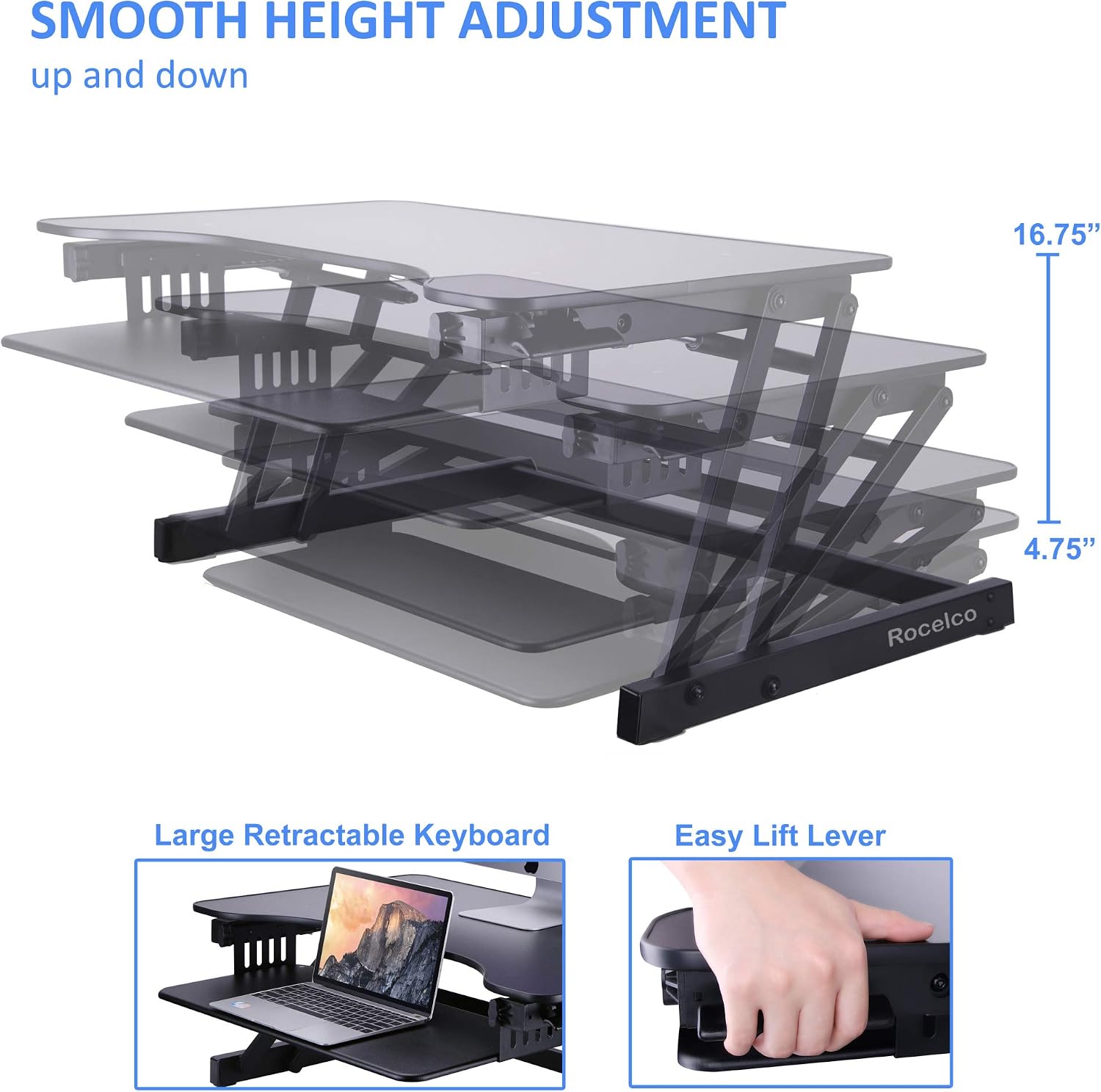 Rocelco 32' Height Adjustable Standing Desk Converter - Slide Out Retractable Keyboard Tray - Sit Stand Up Double Monitor Riser - Dual Piston Lift Assist Tabletop Computer Workstation - Black (R ADRB)