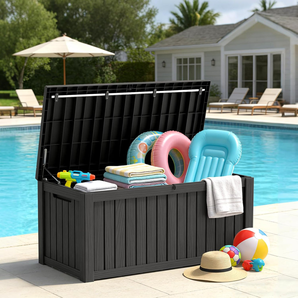 150 Gallon Outdoor Deck Box - Waterproof Lockable Resin Container, Weatherproof UV Resistant Organizer for Patio Garden Yard Poolside, Black