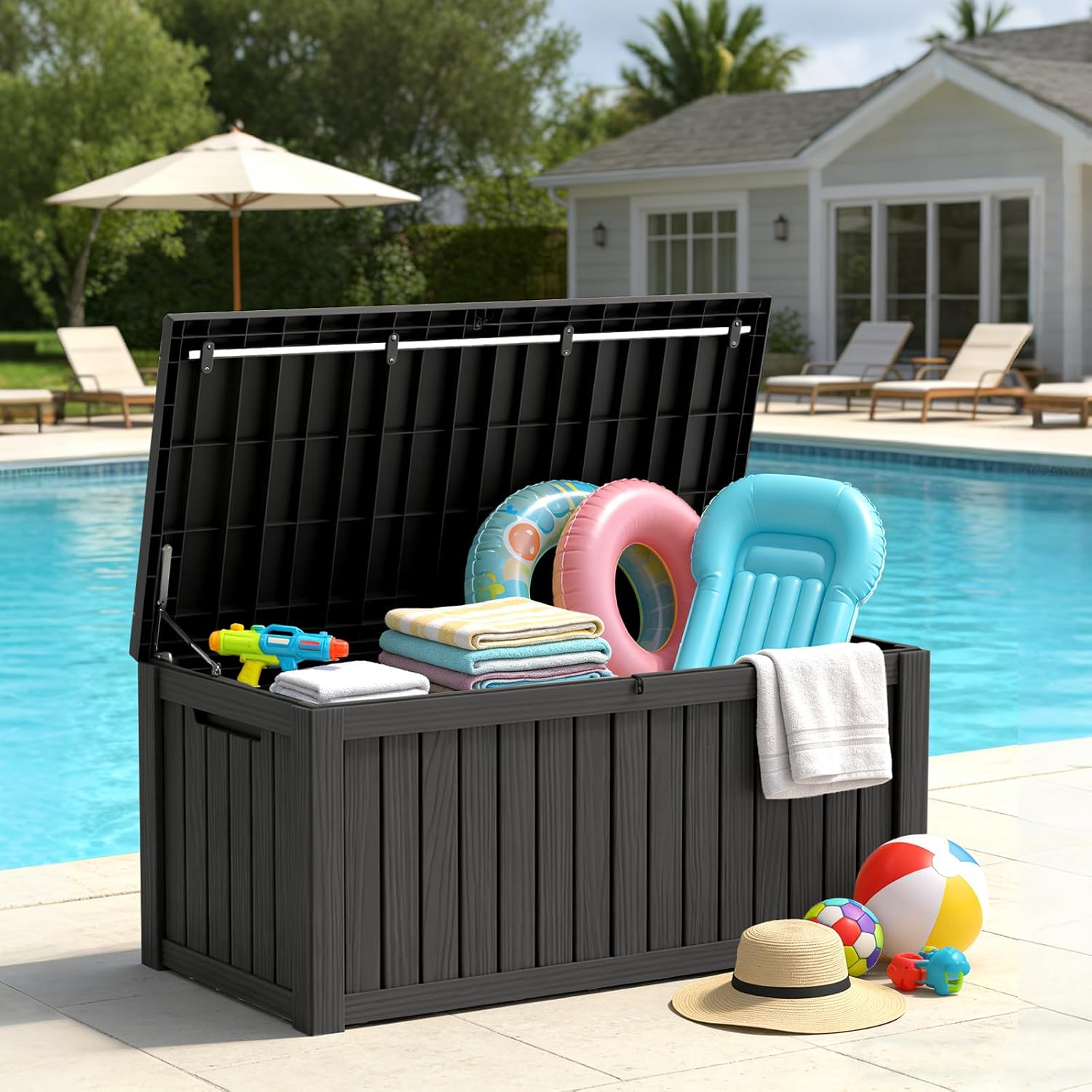 150 Gallon Outdoor Deck Box - Waterproof Lockable Resin Container, Weatherproof UV Resistant Organizer for Patio Garden Yard Poolside, Black