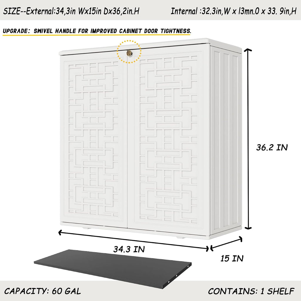 Mrosaa Indoor Outdoor Storage Cabinet Waterproof with Shelf, Off White Plastic Outdoor Cabinets for Patio/Garden/Backyard, Size 34.3''L*15''W*36.2''H