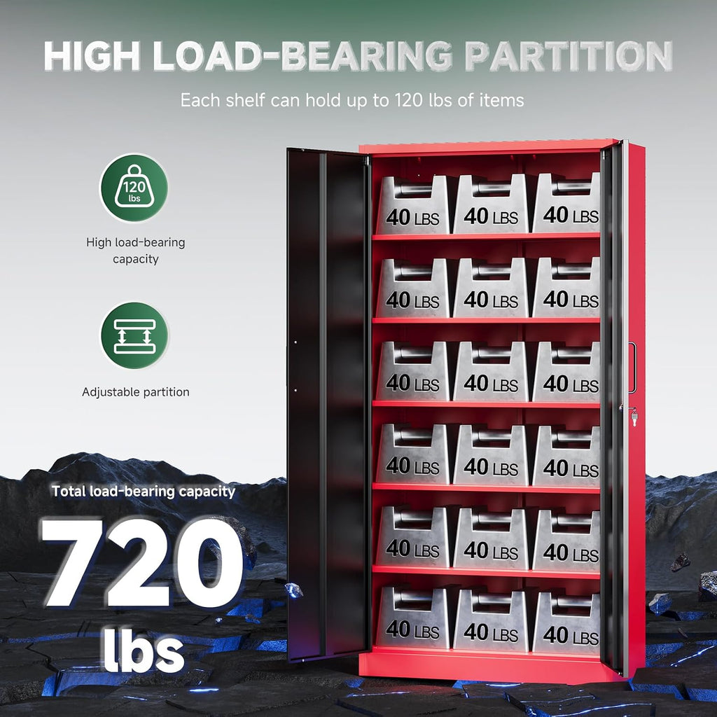 Letaya Metal Garage Storage Cabinets with Lock, 71' Tall Locker Organizer Steel Tool Cabinets,5 Adjustable Shelves 2 Doors for Home Office, Warehouse,Garage,Industrial,Employee (Black Red)