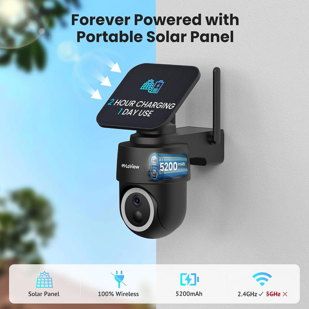 LaView 2K Solar Camera Outdoor Wireless, 100% Wire-Free WiFi Cameras for Home Security, 360° Rechargeable Battery Outdoor Camera, IP65, Color Night Vision, Two-Way Audio, Work with Alexa(2 Pack)