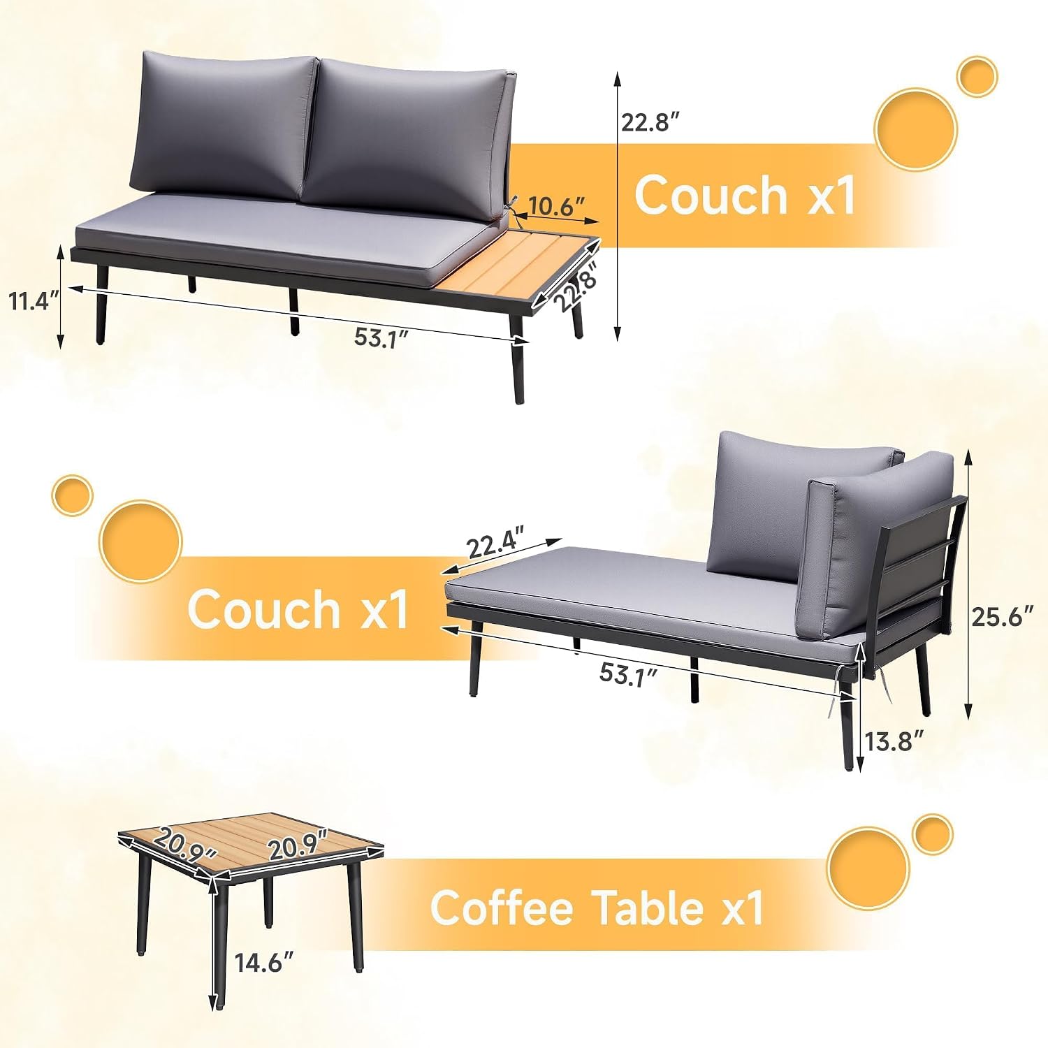 Devoko Patio Furniture Set,6 Pieces Outdoor Sectional Sofa with Cup Holder and 7.87in Wider Armrest, PE Wicker Backyard Couch Set with Coffee Table&Glass Tabletop for Deck, Porch