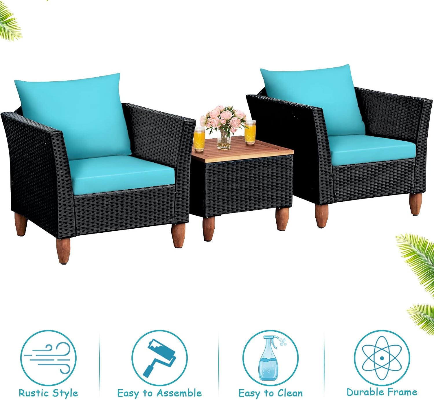 COSTWAY 3 Pieces Patio Rattan Furniture Set, Outdoor Wicker Conversation Chairs Set with Acacia Wood Coffee Table & Washable Cushion, Porch Furniture Bistro Set for Balcony, Garden Backyard, Turquoise