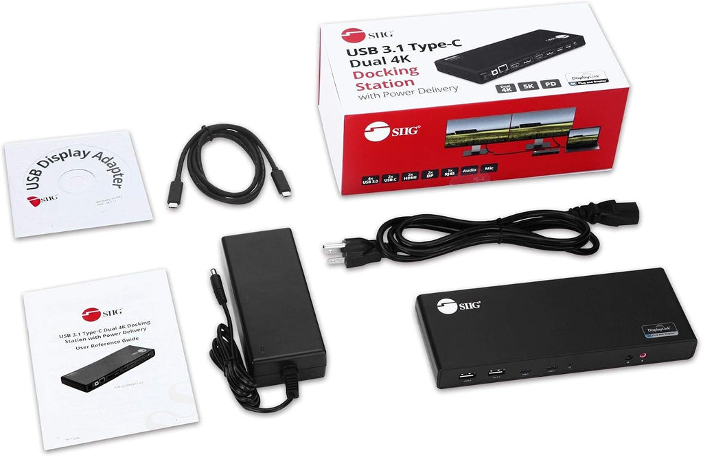 SIIG USB Type C Dual 4K Docking Station with 60W PD - Dual 4K@60Hz or Single 5K@60Hz Monitor Laptop Dock - DisplayLink - 2 HDMI 2 DisplayPort, 4 USB 3.0 Ports, 2 Type C Ports, Gigabit Ethernet Port
