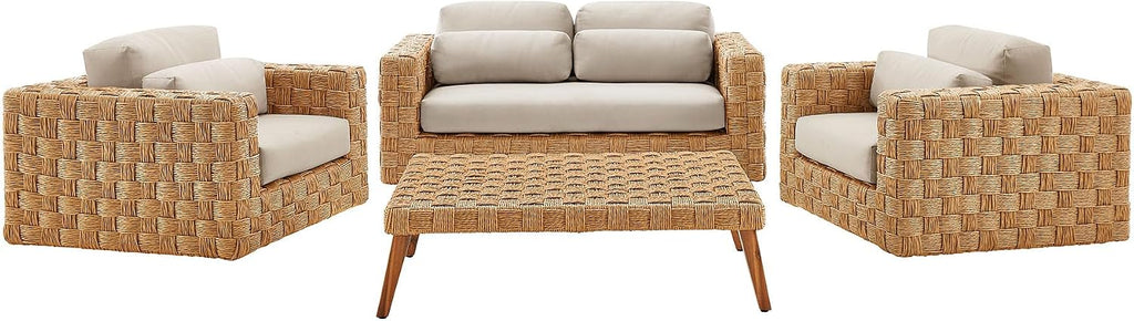 Modway Thames 4 Piece Outdoor Patio Furniture Set in Natural Light Gray - Wicker Rattan Conversation Set with Loveseat, Armchairs, and Coffee Table - All-Weather Deep Seating Backyard Collection