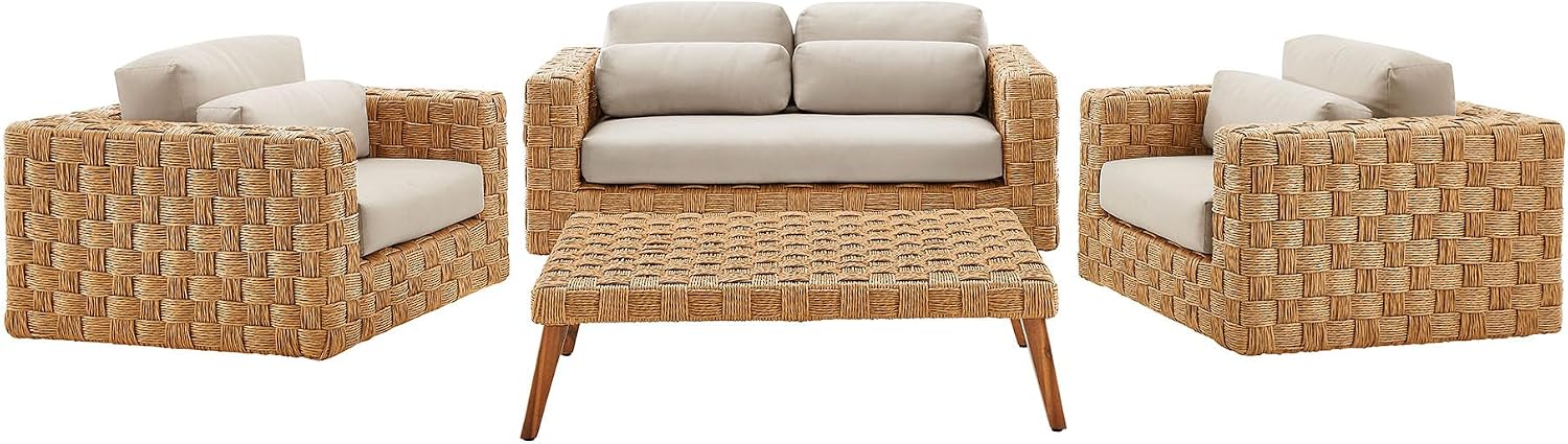 Modway Thames 4 Piece Outdoor Patio Furniture Set in Natural Light Gray - Wicker Rattan Conversation Set with Loveseat, Armchairs, and Coffee Table - All-Weather Deep Seating Backyard Collection