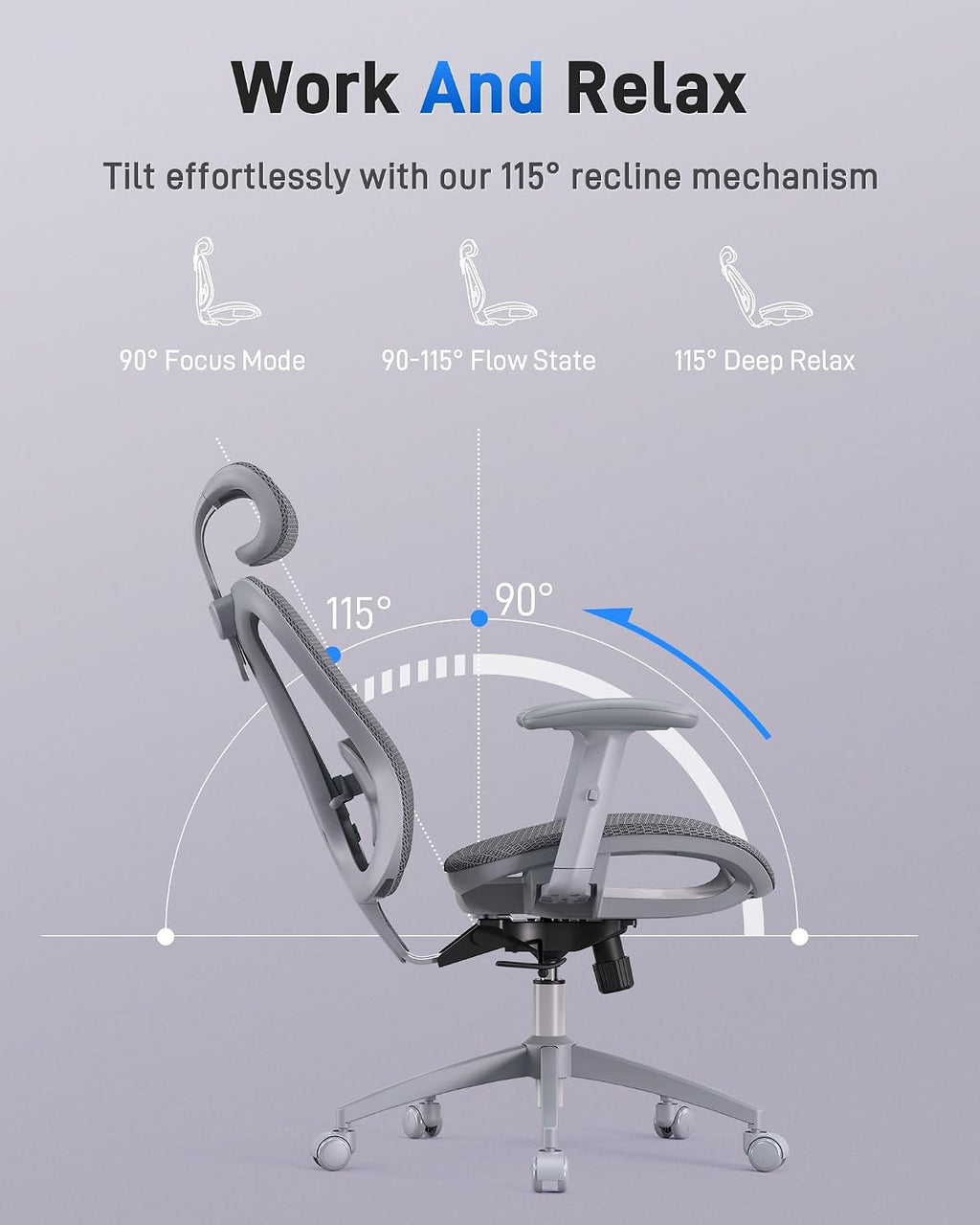 amseatec Ergonomic Office Desk Chair, Comfortable Computer Gaming Chair, Breathable Mesh Back & Seat, Adjustable Armrest & Headrest, Lumbar Support, Butterfly Design for Home Office, Gray