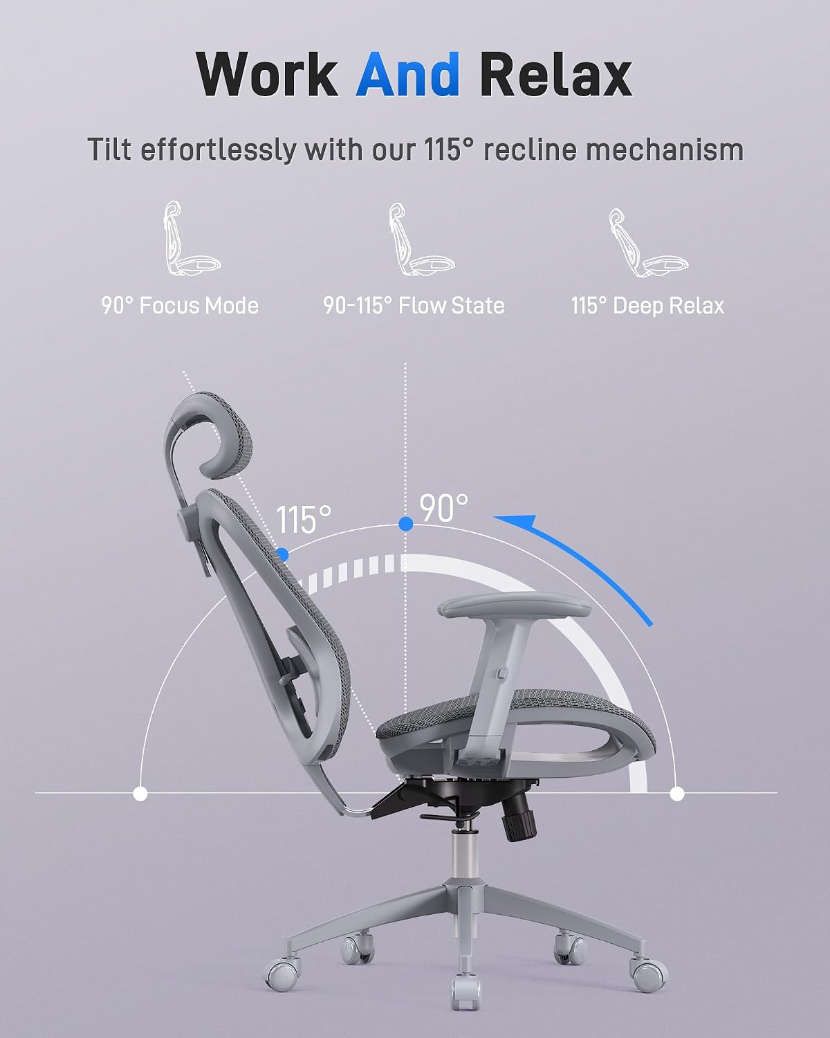 amseatec Ergonomic Office Desk Chair, Comfortable Computer Gaming Chair, Breathable Mesh Back & Seat, Adjustable Armrest & Headrest, Lumbar Support, Butterfly Design for Home Office, Gray