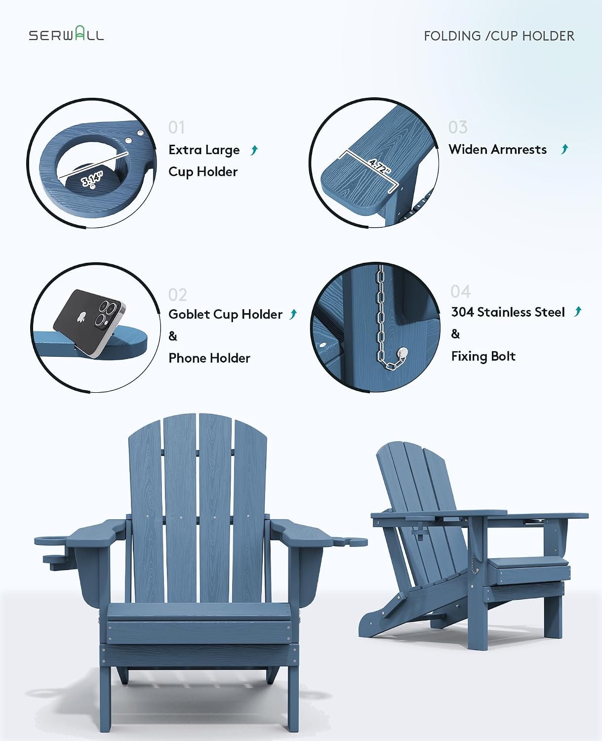 SERWALL Folding Adirondack Chairs, HDPE Adirondack Chairs Set of 4, Plastic Outdoor Chairs,Blue