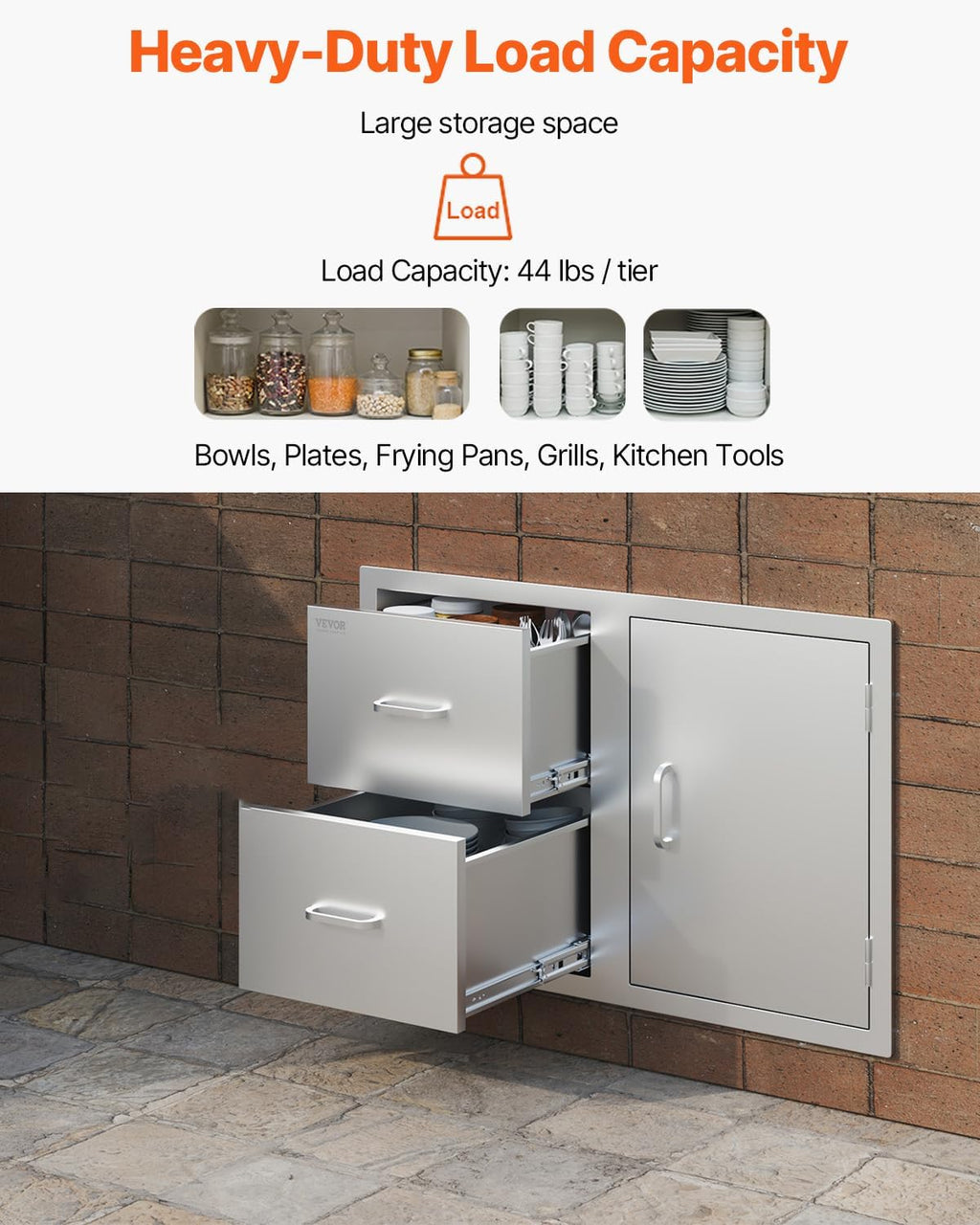 VEVOR Outdoor Kitchen Door Drawer Combo, 32.5'Wx21.7'Hx20.5'D, Access Door Double Drawers with Paper Towel Rack, BBQ Island Drawers with Stainless Steel Handles, 30.7'Wx20'Hx21'D Cutout Size