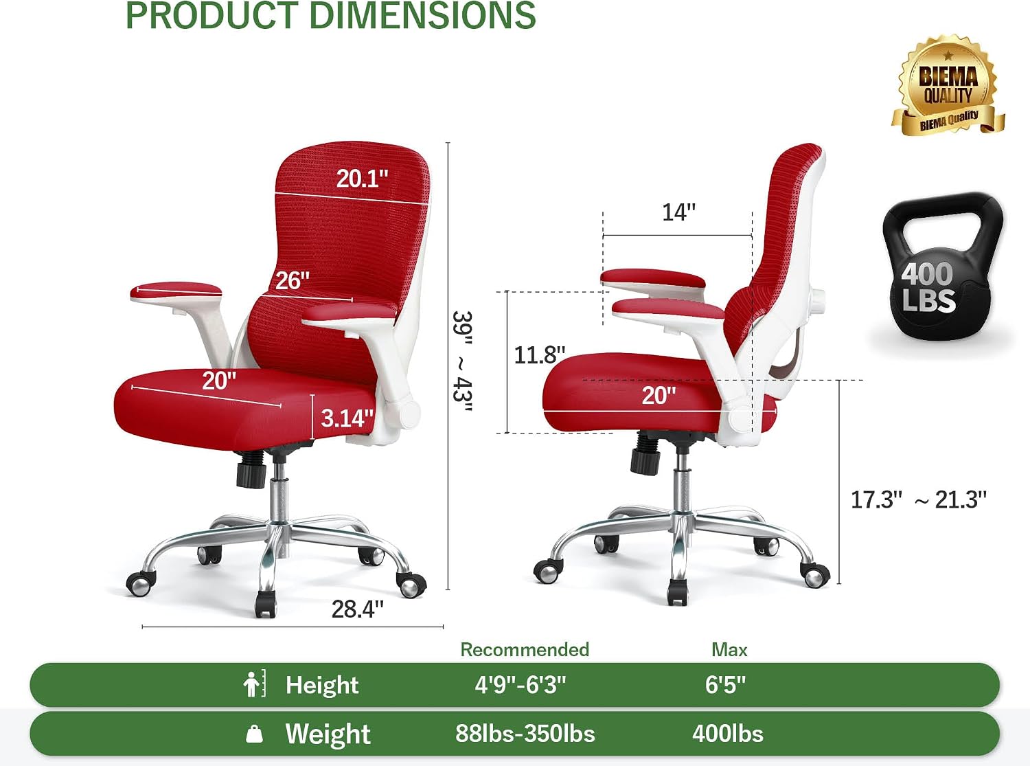 Office Chair Ergonomic Desk Chair Comfy: 400LBS Mesh Computer Chair Ergonomic Gaming Chairs with Wheels Adjustable Lumbar Support and Flip up Armrest-Swivel Executive Chairs Long Hours(Red)
