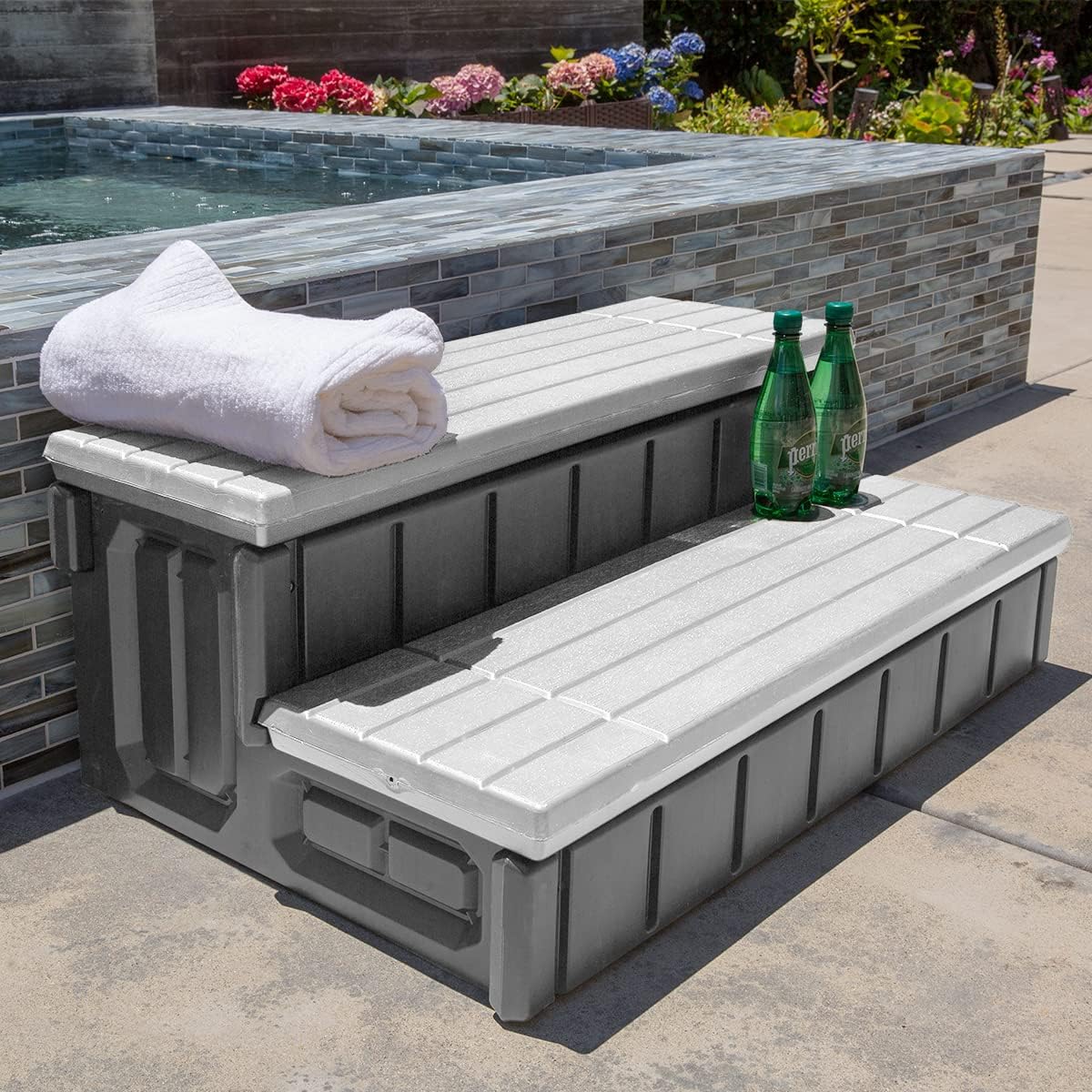 XtremepowerUS Universal Heavy Duty 2-Step Spa & Hot Tub Step Porch Steps with Large Storage Compartment Non-Slip Resistant Step Stairs 36' Inches Long Stool Pool Ladder, Grey