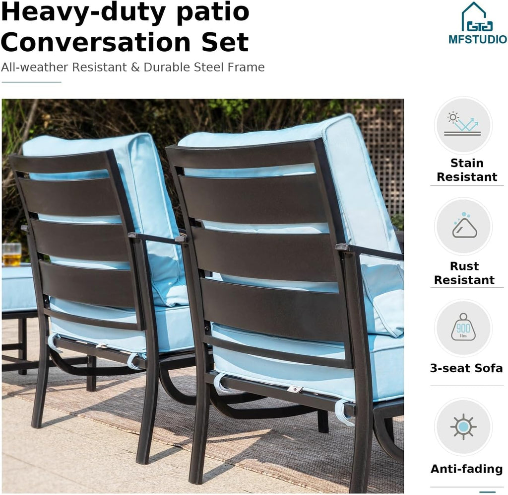 MFSTUDIO 4 Pieces Patio Conversation Sets(5 Seat),Outdoor Metal Furniture Sofas with 1 Loveseat(3 Seat), 2 Single Chairs,1 Coffee Table,Wrought Iron with Blue Cushion for Patio Courtyard Balcony