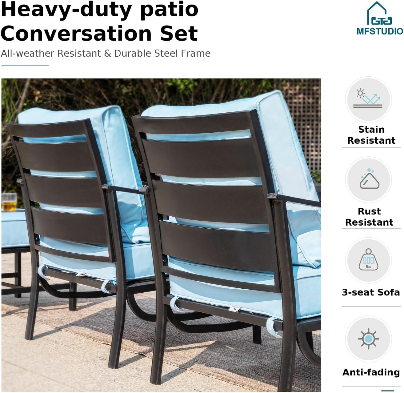 MFSTUDIO 7 Pieces Metal Patio Furniture Sets, 2 Swivel Chairs, 3-Seat Deep Seating Sofa, 2 Single Couch and 2 Ottoman, All Weather 9 Seats Outdoor Conversation Set for Garden Backyard, Blue Cushion