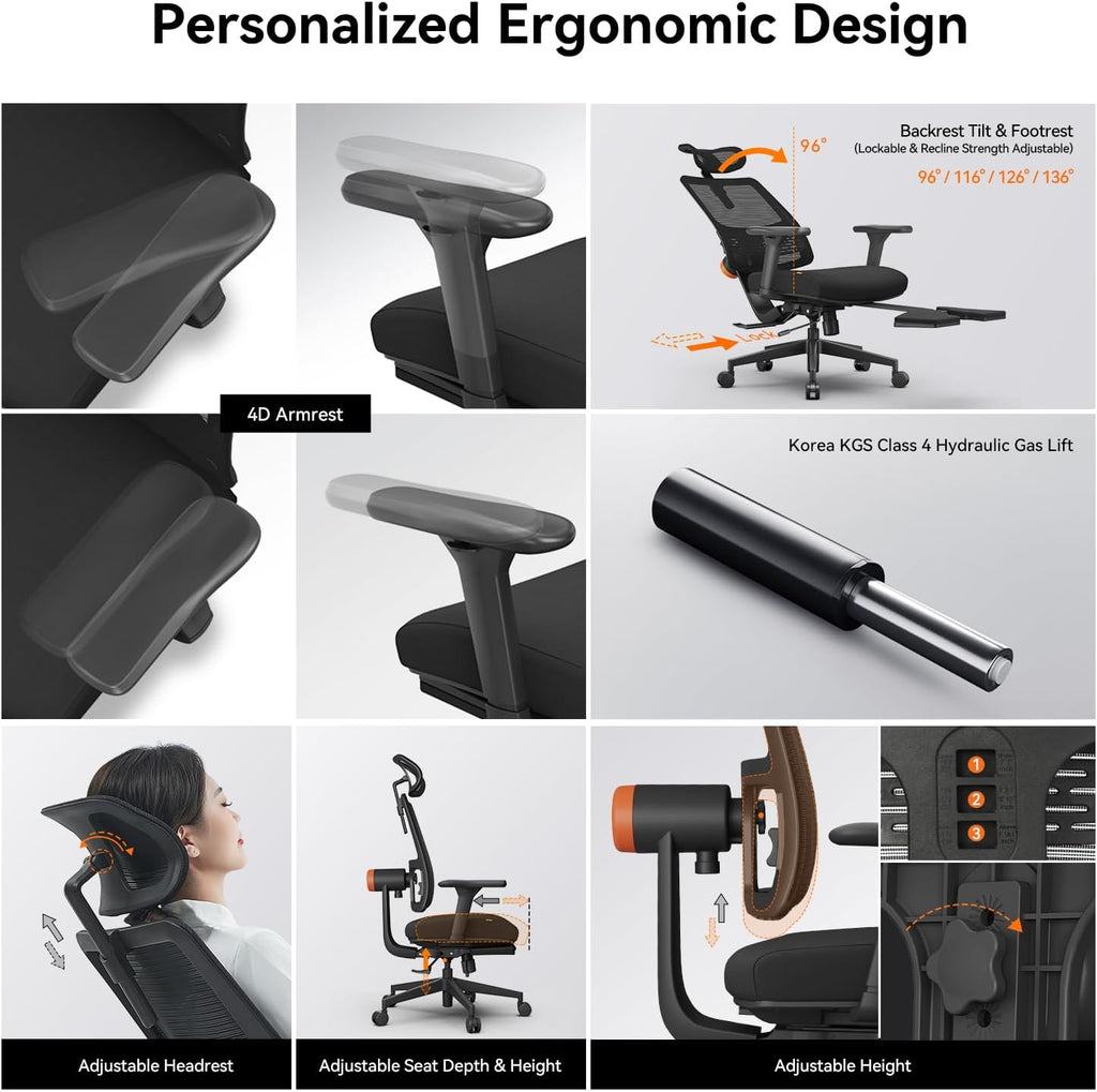 Newtral Ergonomic Office Chair - Home Office Desk Chair with Adaptive Lumbar Support, with Footrest, 4D Armrest, Adjustable Seat Depth & Height
