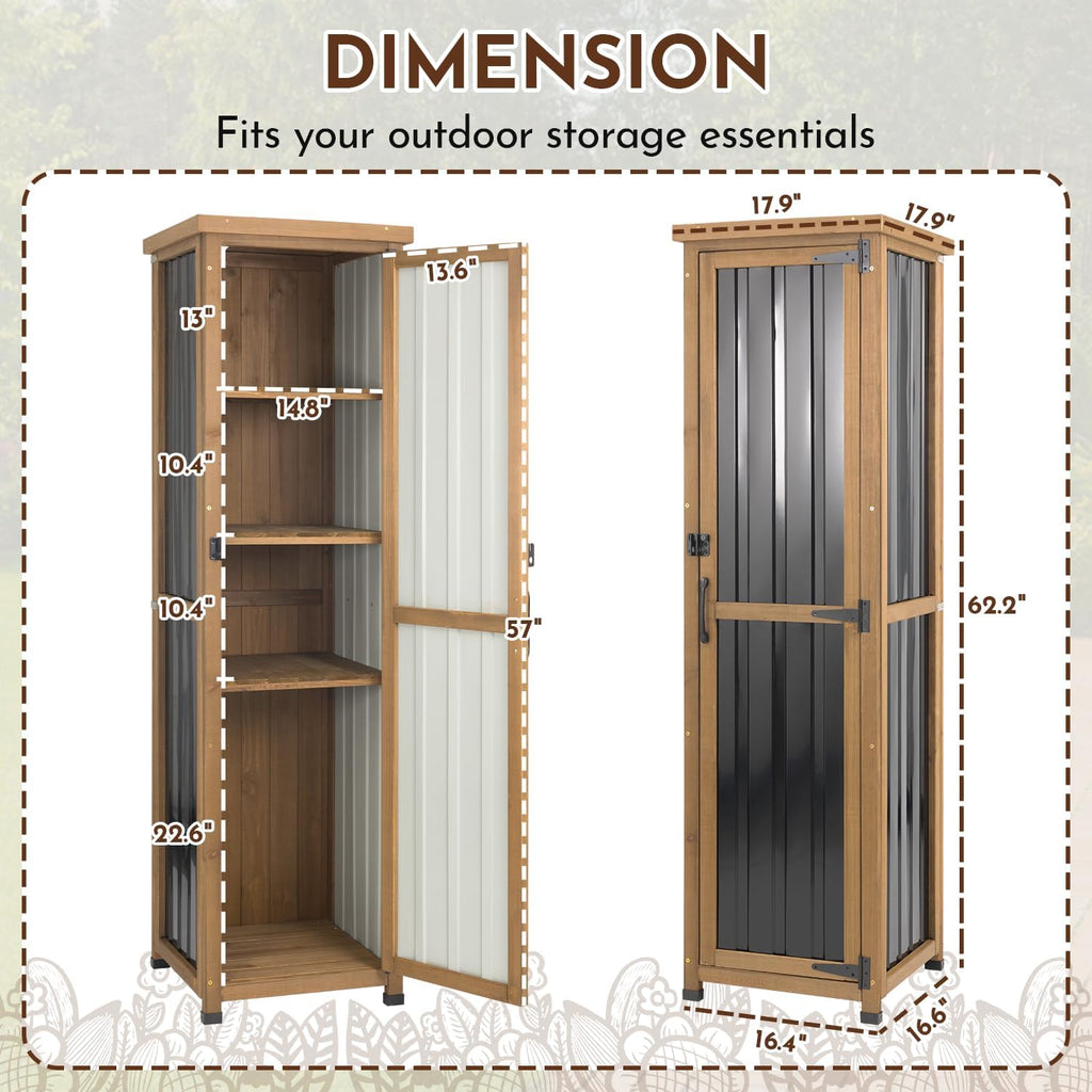 Ketive 62' Tall Outdoor Storage Cabinet, Narrow Garden Storage Cabinet with Adjustable Shelves, Slim Wood & Metal Tool Organizer for Patio, Garden, Porch, Garage or Indoor Storage