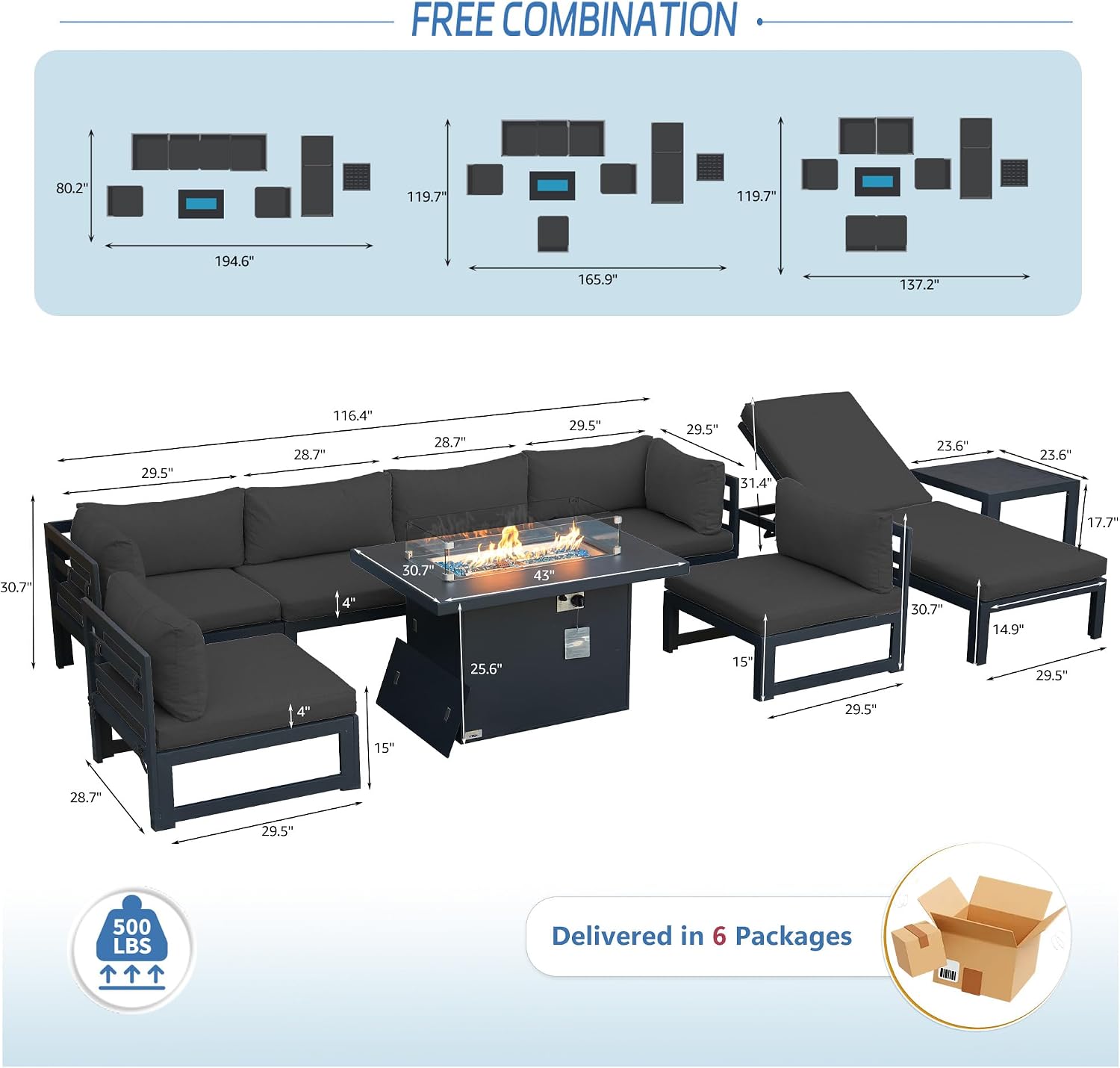 NICESOUL 9 Piece Luxury Aluminum Outdoor Sectional Sofa with Chaise Lounge & Firepit, Large Modular Patio Furniture Set, 29' Deep Wide Seating, 500 lbs Heavy Duty Conversation Set for Deck, Dark Gray