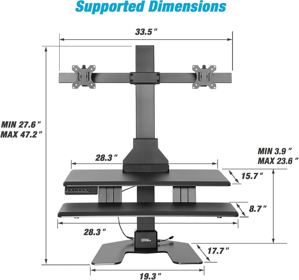 AVLT Electric Standing Desk Converter for Dual 32' Monitors, Motorized Sit to Stand Riser with 28'x16' Tabletop, Large Keyboard Tray, Height Adjustable, Sturdy Base, Small Footprint