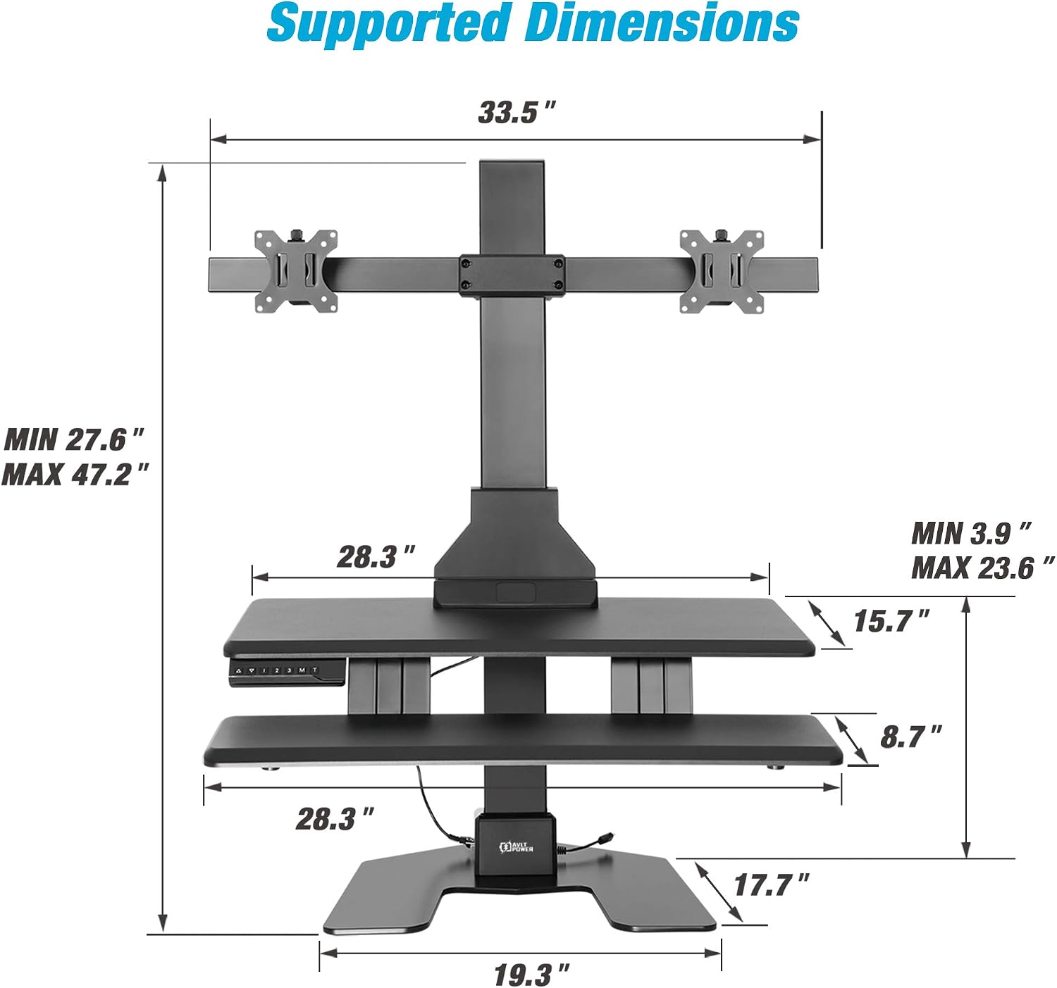AVLT Electric Standing Desk Converter for Dual 32' Monitors, Motorized Sit to Stand Riser with 28'x16' Tabletop, Large Keyboard Tray, Height Adjustable, Sturdy Base, Small Footprint