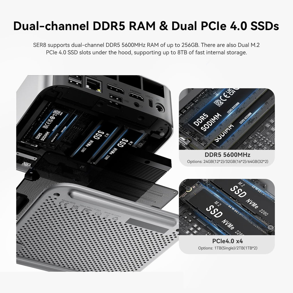 Beelink SER8 Mini PC with Ryzen 7 8745HS (8C/16T up to 4.9GHz), 32GB DDR5 +1TB PCle4.0 SSD, Wifi6+BT5.2+2.5G LAN, Mini Desktop Computers HDMI 2.1+DP 1.4+USB4 Triple-Display Output-Spacce Gray