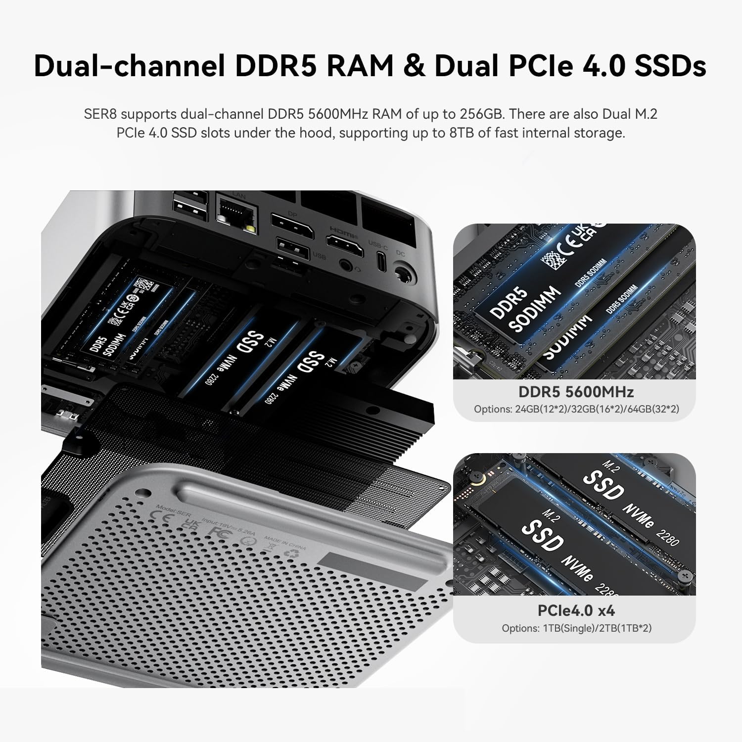 Beelink SER8 Mini PC with Ryzen 7 8745HS (8C/16T up to 4.9GHz), 32GB DDR5 +1TB PCle4.0 SSD, Wifi6+BT5.2+2.5G LAN, Mini Desktop Computers HDMI 2.1+DP 1.4+USB4 Triple-Display Output-Spacce Gray