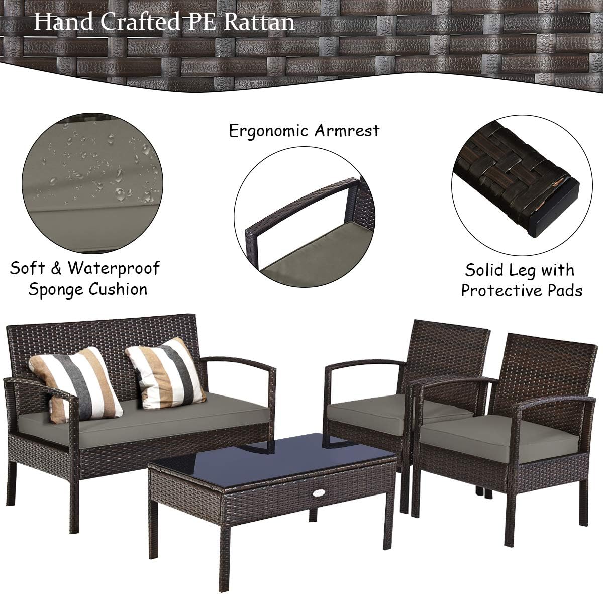 Tangkula 8-PCS Wicker Patio Conversation Furniture Set, Outdoor Rattan Chair and Table Set, Patio Furniture Sets with Coffee Table & Washable Cushions for Courtyard Balcony Garden (2, Brown)
