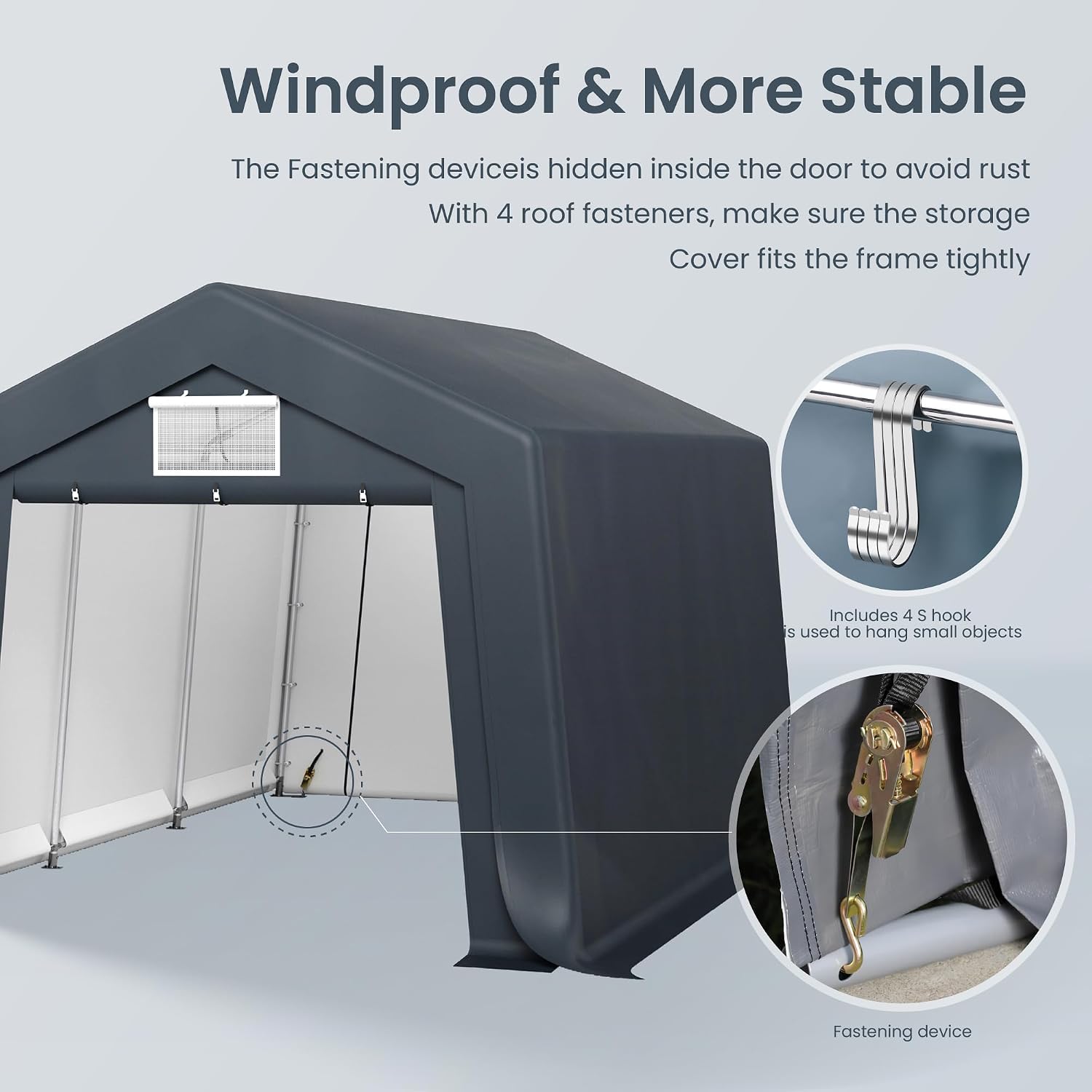 PHI VILLA 10X15ft Carport, Portable Carports Outdoor Storage Shelter Shed Garage Canopy with Roll up Zipper Doors & Vents Waterproof UV Resistant Garages Tent for Cars,Boats,Tools, Motorcycle, Gray