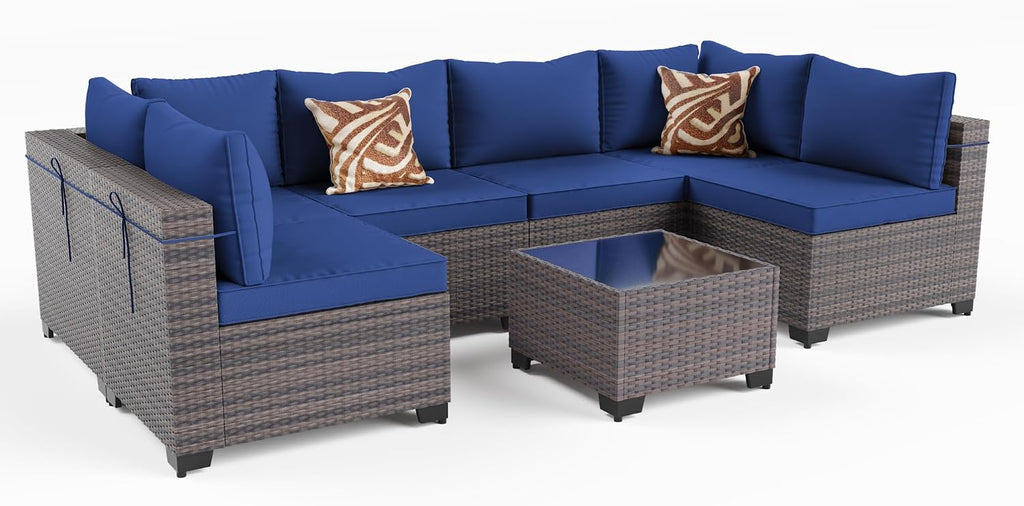 Kullavik 7 Pieces Outdoor Patio Furniture Set,Wicker Outdoor Sectional Sofa,All-Weather Patio Conversation Sets with Washable Thick Cushions & Coffee Table for Garden,Backyard,Balcony,Porch,Navy Blue