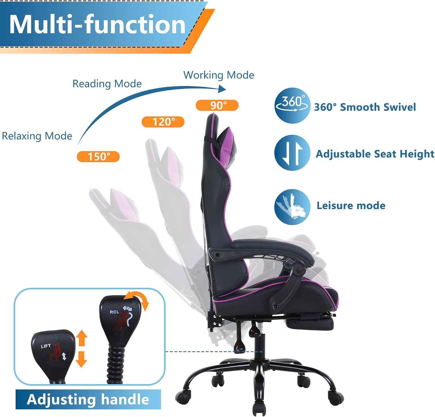 PayLessHere Ergonomic Racing Desk Chair Computer Chair Gaming Chair with Footrest Lumbar Support Headrest Armrest Task Rolling Swivel Ergonomic E-Sports Adjustable PC Gamer Chair (Purple)