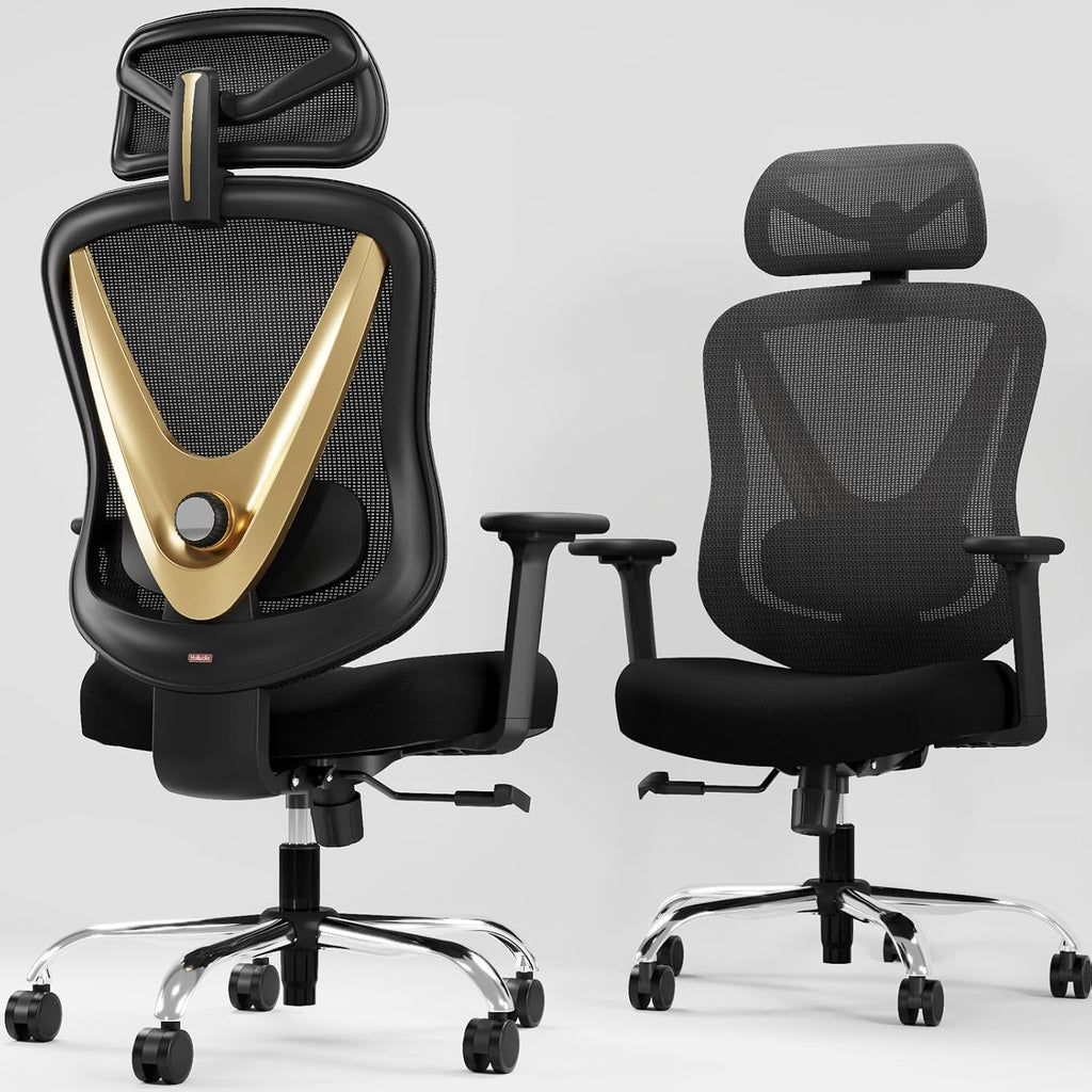 HOLLUDLE Ergonomic Mesh Office Chair - 3D Adjustable Lumbar Support & 3D Armrests, V-Shaped Back, Adjustable Desk Chair for Office & Home, Black and Gold