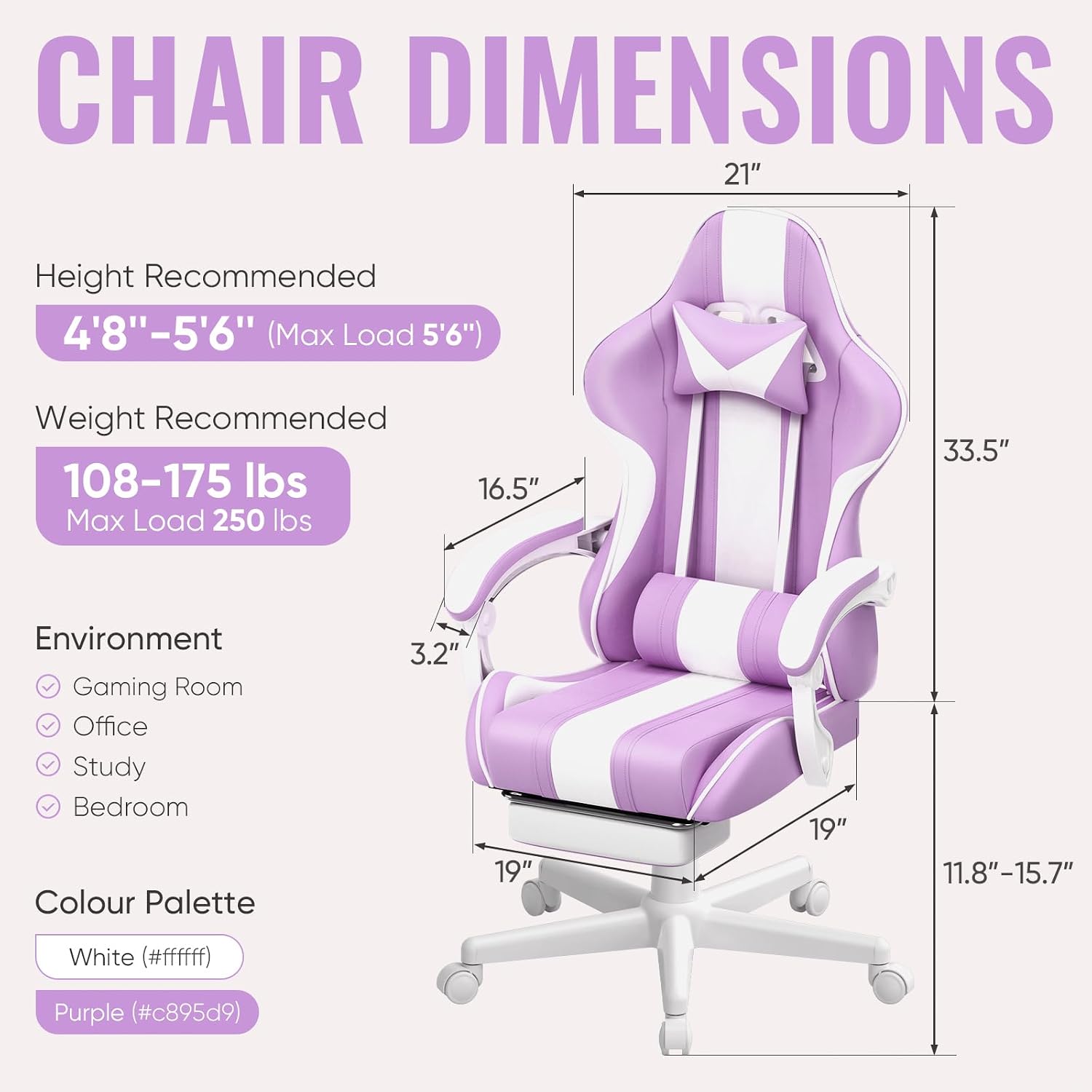 Ferghana Gaming Chairs, Ergonomic Racing Style PC Game Computer Chair with Headrest Lumbar Support Adjustable Recliner PU Leather Video Computer Chair(Light Purple)
